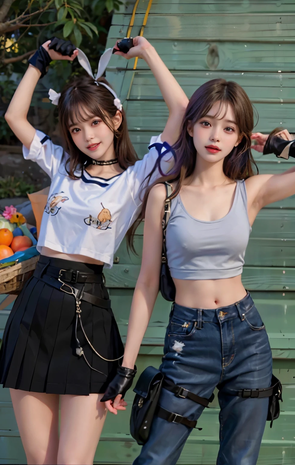 (RAW photos:1.2),high high quality,beautiful details twins girl,bunnygirl,ssmile,Highly detailed eyes and face,beatiful detailed eyes,hugefilesize,A high resolution,A high resolution,8k wallpaper,finely detailled,Highly detailed stock code uniform 8k wallpaper,light in face,cinmatic lighting,16 year old girl,pleatedskirt,A sexy pose,(photo-realism:1.4),illustratio,ultra-realistic realism, look from down,super detailing,tmasterpiece (fix finger anatomy)
