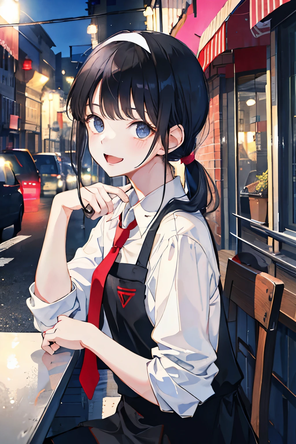 Girl, black hair, older sister, tie her hair in a ponytail and laugh at the speaker, high-quality picture, masterpiece, beautiful girl, cafe,