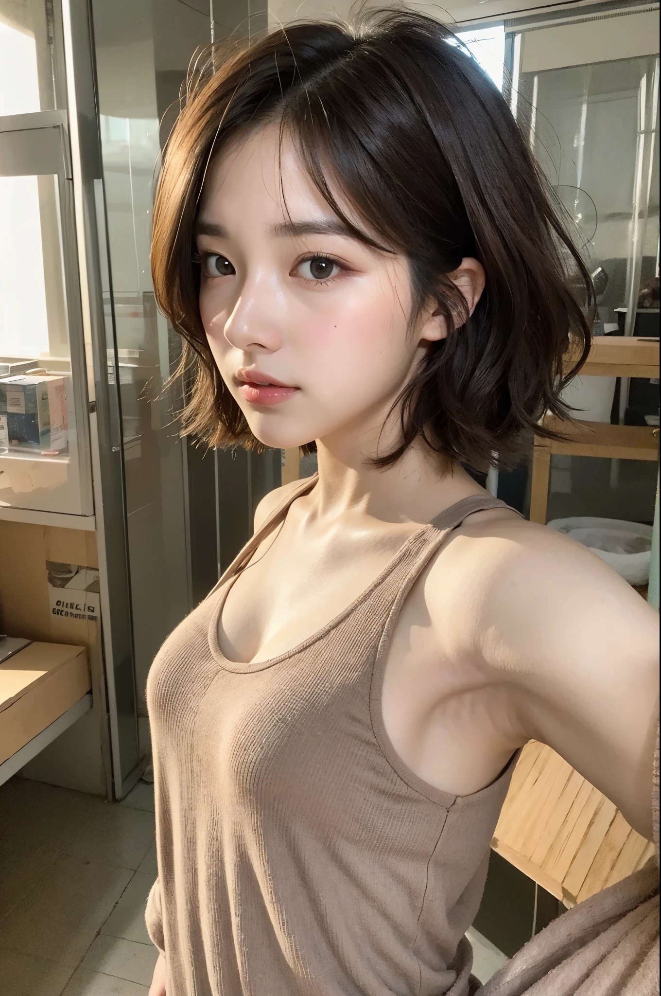 ((best quality, 8k, masterpiece :1.3)), whole body, 1 cute girl, young, (short hair), tomboy outfit :1.Aesthetic selfies, Super detailed face, delicate eyes, double eyelids, Doe eyes, aesthetic posture, (Random aesthetic background)
