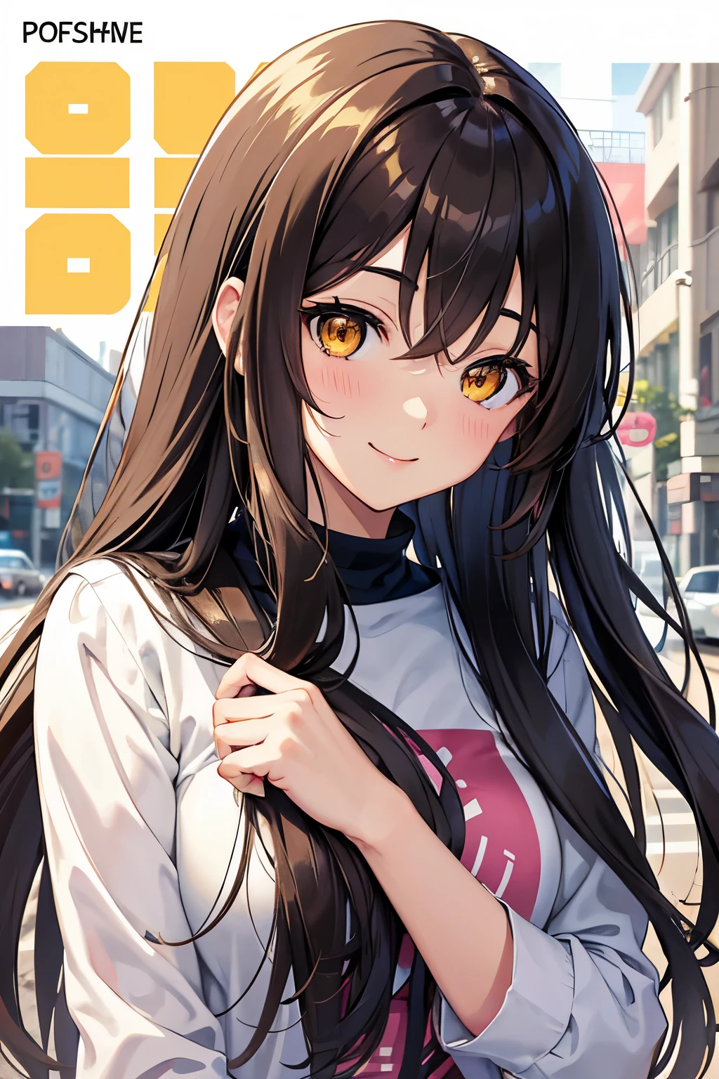 Cover magazine. anime, A girl. Long hair. Dark brown hair. Cute. golden eyes. Yellow eye. Half Body potrait. Upper body. Smile.  Casual clothes. Cute beauty woman. Unusual hair style. Smile soft expression. Blush. Love expression