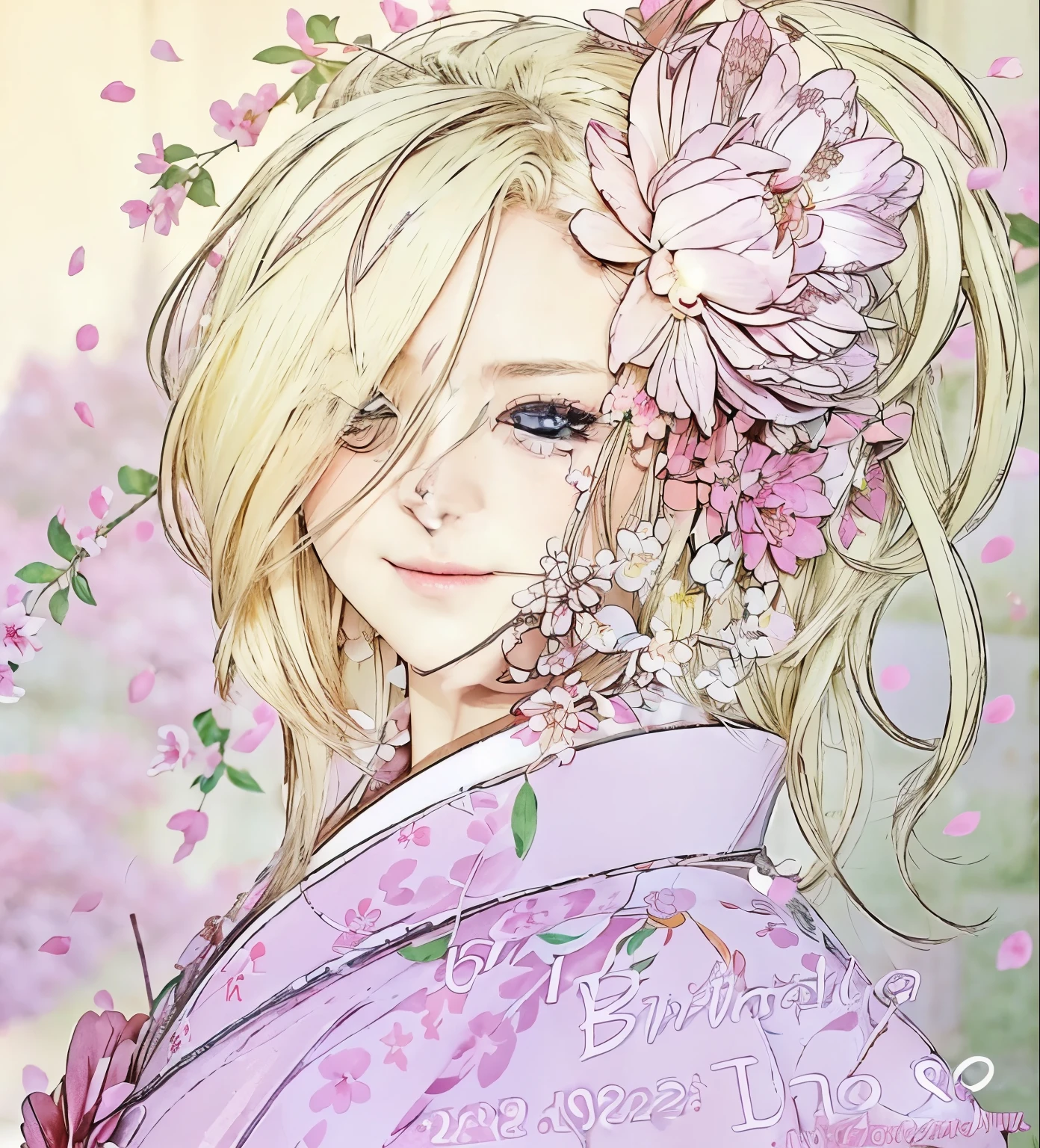 (best quality,realistic,photorealistic:1.2),portraits,Blonde hair,Ino Yamanaka from anime Naruto,Japanese style bride,detailed eyes,detailed lips,graceful pose,Kimono dress,traditional wedding,flower bouquet,pink cherry blossoms,serene garden setting,vivid colors,soft lighting,delicate details,traditional hair accessories,tranquil atmosphere