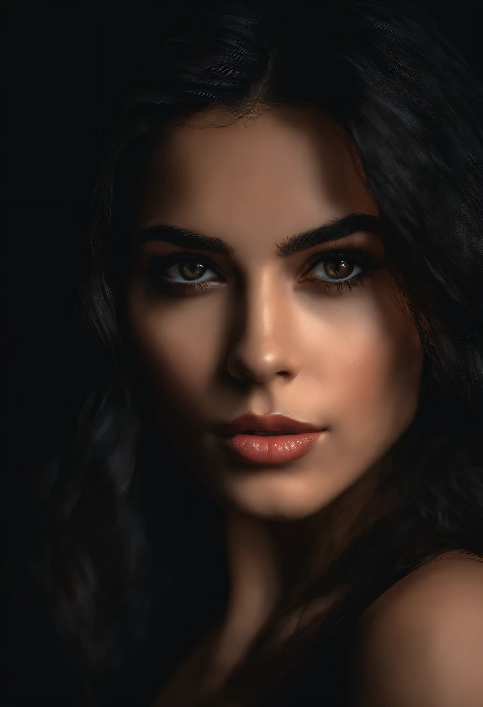 best quality,ultra-detailed,realistic,portrait,policromada,1girl,night,dark,black hair,naked,lingerie,intensely detailed eyes,lips,vivid colors, top half,body viewer facing, limited palette,black background, luminous lighting.