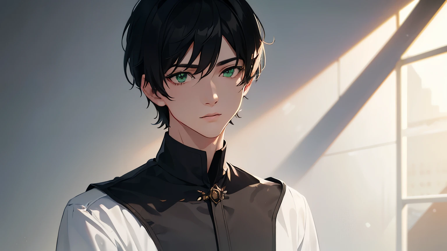 man, young man, short hair, black hair, green eyes, black idol uniform, photo shoot, white background, realistic light and shadow, special effects, extremely detailed 