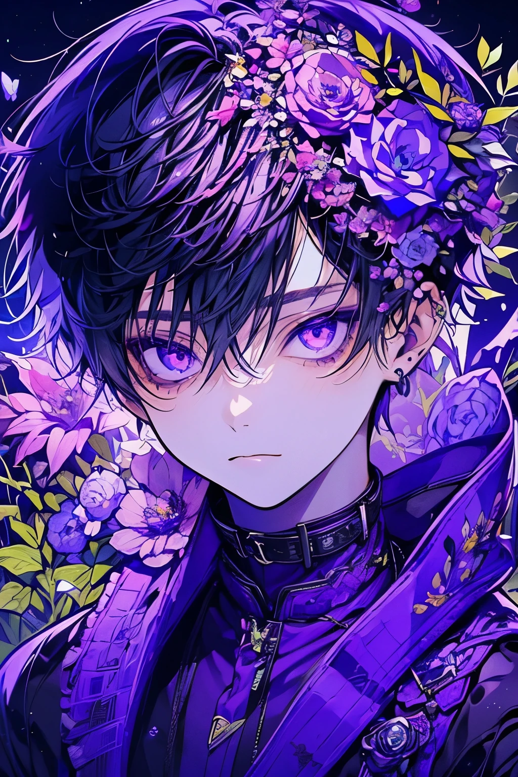 (muste piece), (best quality), very detailed, 1 boy, solo focus,perfect face, beautiful face, very detailed顔,(purple short hair:1.3),(purple eyes:1.3),flower,butterfly々,flowerびら,Light,smile,long eyelashes