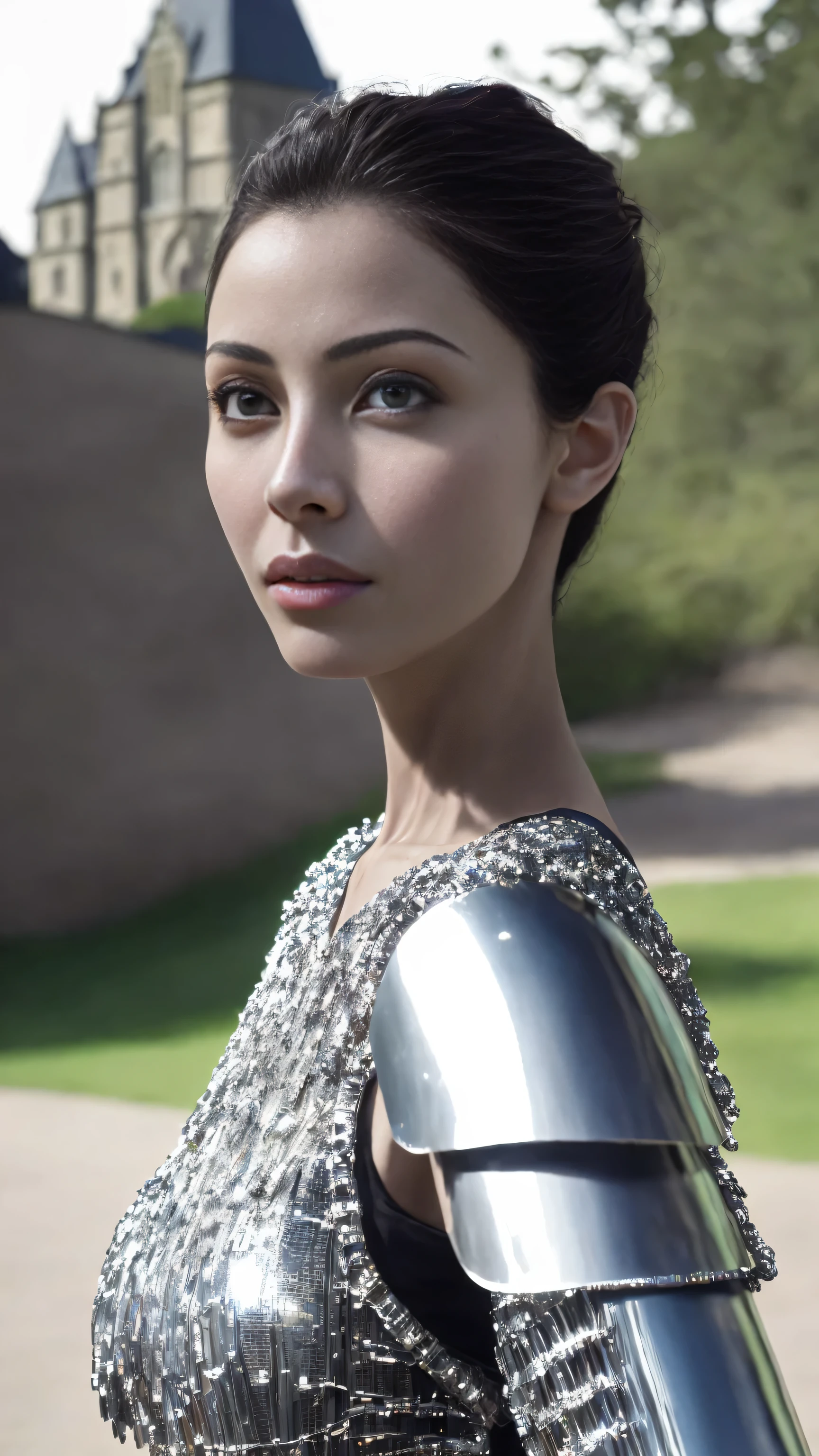 (masterpiece), (extremely complex:1.3), (actual), portrait of a girl, the most beautiful in the world, (medieval armor), metal reflection, Upper body, outdoor, strong sunlight, Distant castle, Detailed professional photo of a stunning woman, sharp focus, dramatic, Award-winning, Cinema lighting, octane rendering, Unreal Engine, volume send, (film grain)