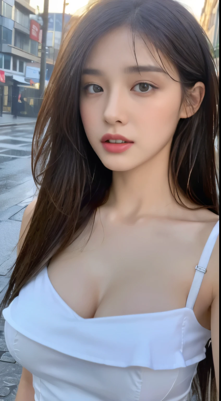 ((best quality, 8k, masterpiece:1.3)), focus: 1.2, perfect body beautiful: 1.4, ((layered hairstyle, breast: 1.2)), (wet clothes: 1.1) , (rain, street:1.3), tube top dress: 1.1, Highly detailed facial and skin textures, exquisite eyes, double eyelids, skin whitening, long hair,cleavage