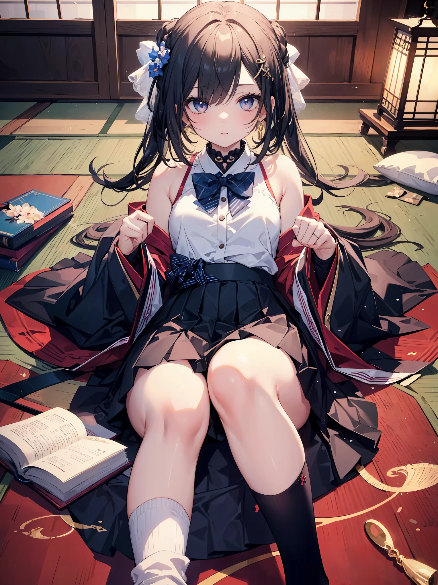 ((Masterpiece: 1.3)), ((Absolute Resolution: 1.2)), ((Superlative,: 1.4)), super detailed face, complex and detailed eyes, 1girl, lying, solo, looking at viewer, long sleeves, pastel camisole, pleated skirt, bowtie, socks, eye capturing wind chimes, bridal hairstyle, fair skin, japanese behavior aesthetics