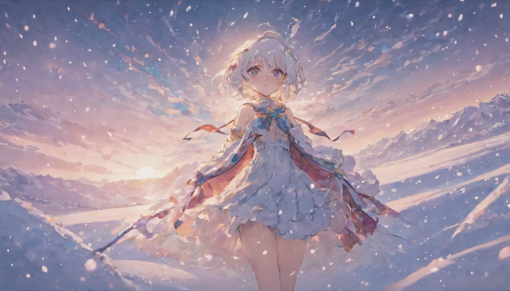 Girls with white hair, thigh high, white skirt, ribbon, aqua eyes in a flowery snow area, sunset, bright sky