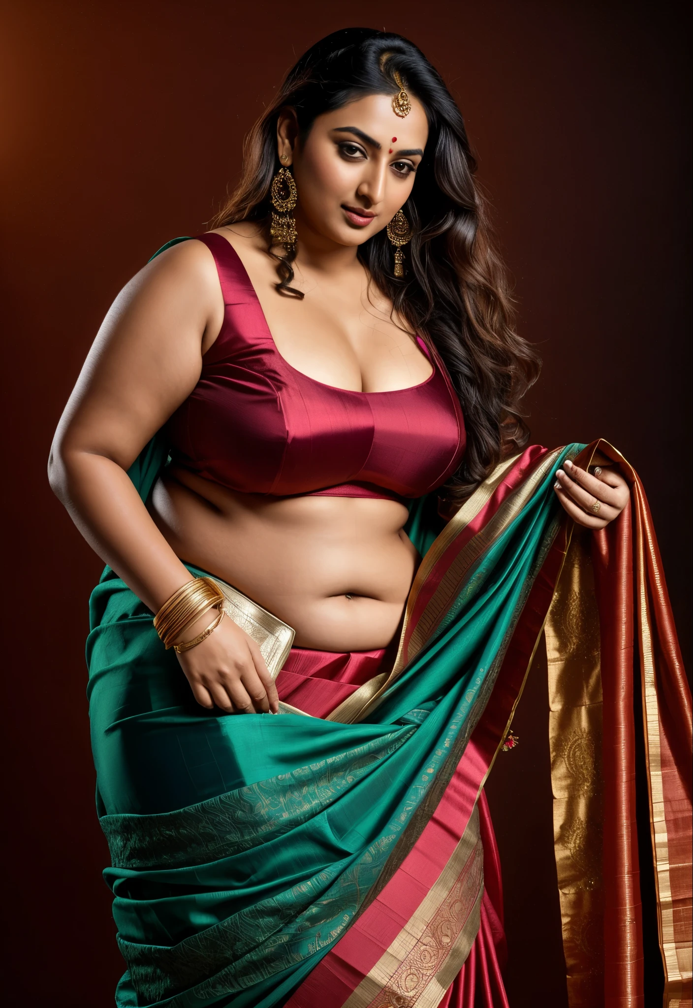 Foto RAW, photorealistic, photography, full body shot, master shot, goddess like beauty, perfect thick chubby mallu Desi aunty bhabhi, Wearing a Stanapatta, a chest-band.Saree model, model Photography, Indian saree shoot, Indian traditional wear advertising photography, traditional wear brand shoot, face of Indian actress Sonakshi Sinha, masterpiece, realistic, realism, incredible details, sensual pleasure, photorealism, detailed skin, skin pores, high contrast, photorealistic Artstation 8k HD digital art trend of high definition and detailed realistic skin texture, ultra detail, realistic skin texture, armature, best quality, ultra high definition, (photorealistic:1.4),, high resolution, detail, raw photo, Re sharp, by Lee Jefferies Nikon D850 Film Stock Photo 4 Kodak Portra 400 Camera F1.6 Lens Rich Color Ultra Real Realistic Realistic Textures Dramatic Lighting Unreal Engine Trending at Art Station Cinestill 800,(pele altamente detalhada: 1.2), 8k UHD, DSLR, soft-lighting, alta qualidade, grain of film, Fujifilm XT3,she didn't like to wear blouse or bra, she is happy to wear only saree, she hates blouse or bra, beautiful Deep navel, curvy belly, 