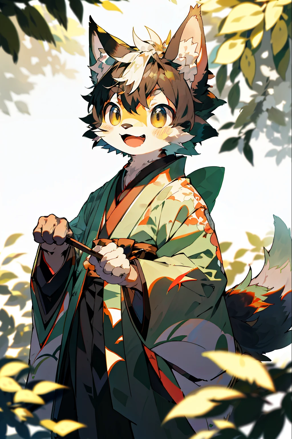 depth of field, perfect lighting, light particles,(best quality),(masterpiece),(ultra deTailed),sharp focus,light particles,  Negi, Eyegod,  blush, Brown_Eye, watching_exist_audience, Smile, alone, hairy, animal_ear_fluff, Open_clothing, 双臂放exist背后, Upper body, Tail, kimono, japanese clothing, Sunlight, Tree, Open mouth,  from below, 双臂放exist背后,