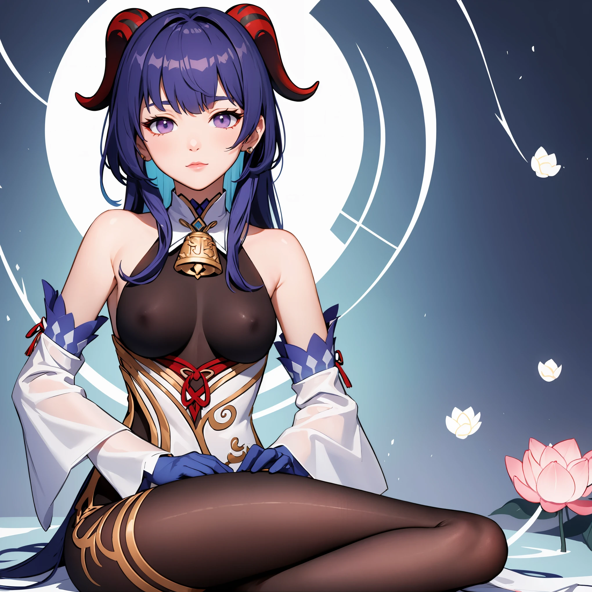 Highly detailed, High Quality, Masterpiece, beautiful, LotusPosition, 1girl, solo, lotus position, Ganyu\(genshin impact\), Ganyu:1.2, bangs, bare shoulders, bell, black gloves, black pantyhose, ((blue hair)), chinese knot, detached sleeves, flower knot, gloves, horns, long hair, medium breasts, neck bell, pantyhose, purple eyes, sidelocks, tassel, white sleeves, 