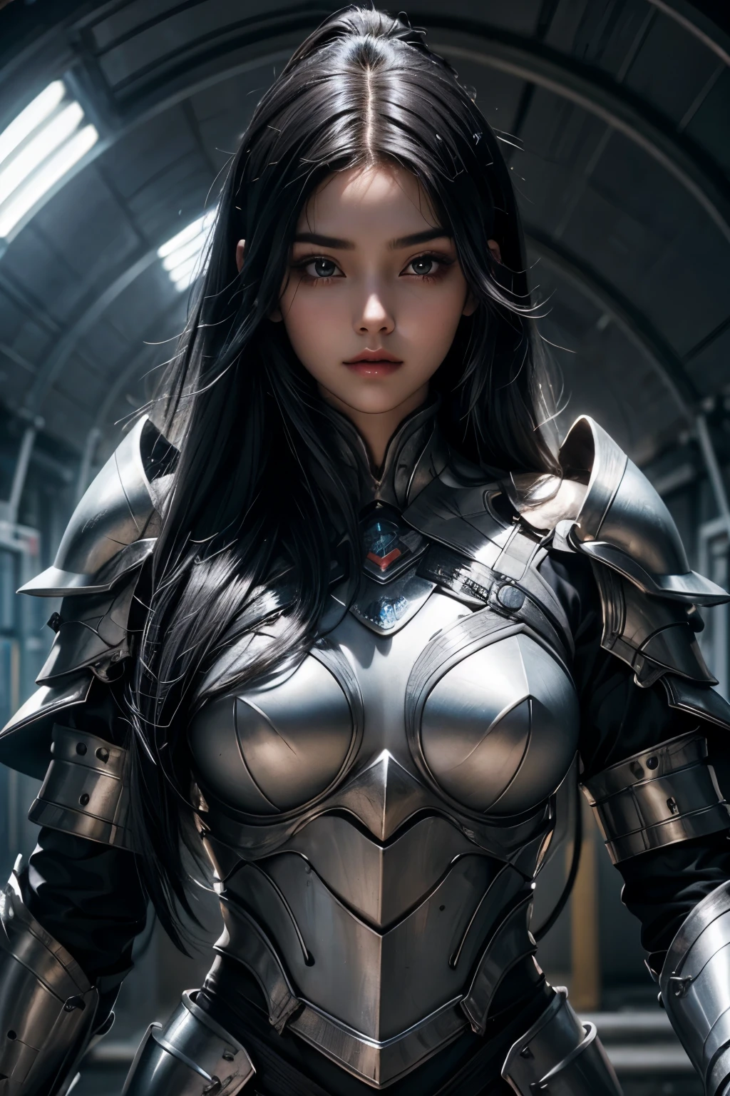 Upper body close-up image。One Beautiful Woman。Challenging look。She wears beautiful silver-white armor。20 years old。black hair。long hair。she is underground、Wide々I&#39;m in a research institute called。
