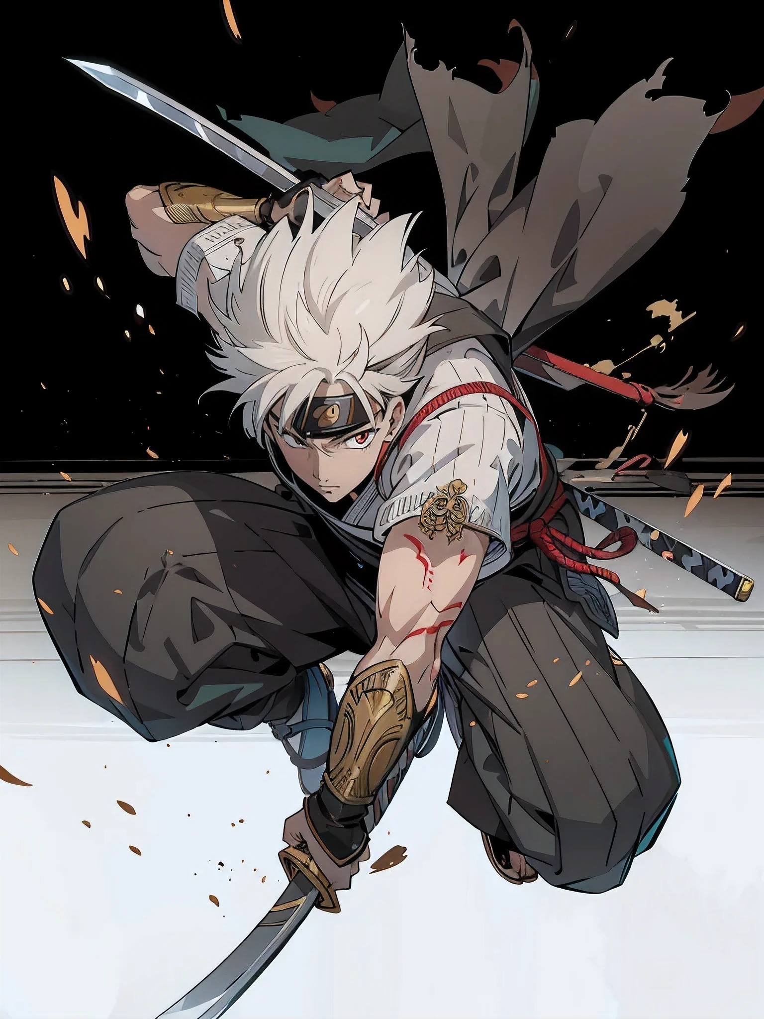 Japanese manga style, Q version, cartoon, Chino, stroke style, Men&#39;s short hair, whole body perspective, Front view, swordsman, warrior, wearing armor, Jumping action, flying into the sky, Ninjutsu, beautiful big red eyes, Angry expression during battle, naruto、 white hair short hair，The whole scene is very detailed, She is a true masterpiece in every way. Artwork is of the highest quality, Featuring ultra-detailed elements and a realistic style. The composition is centered on him, Placed in a simple yet perfect background，Enhances the overall aesthetics. High-resolution images make every detail visible, Ensure a visually stunning experience.