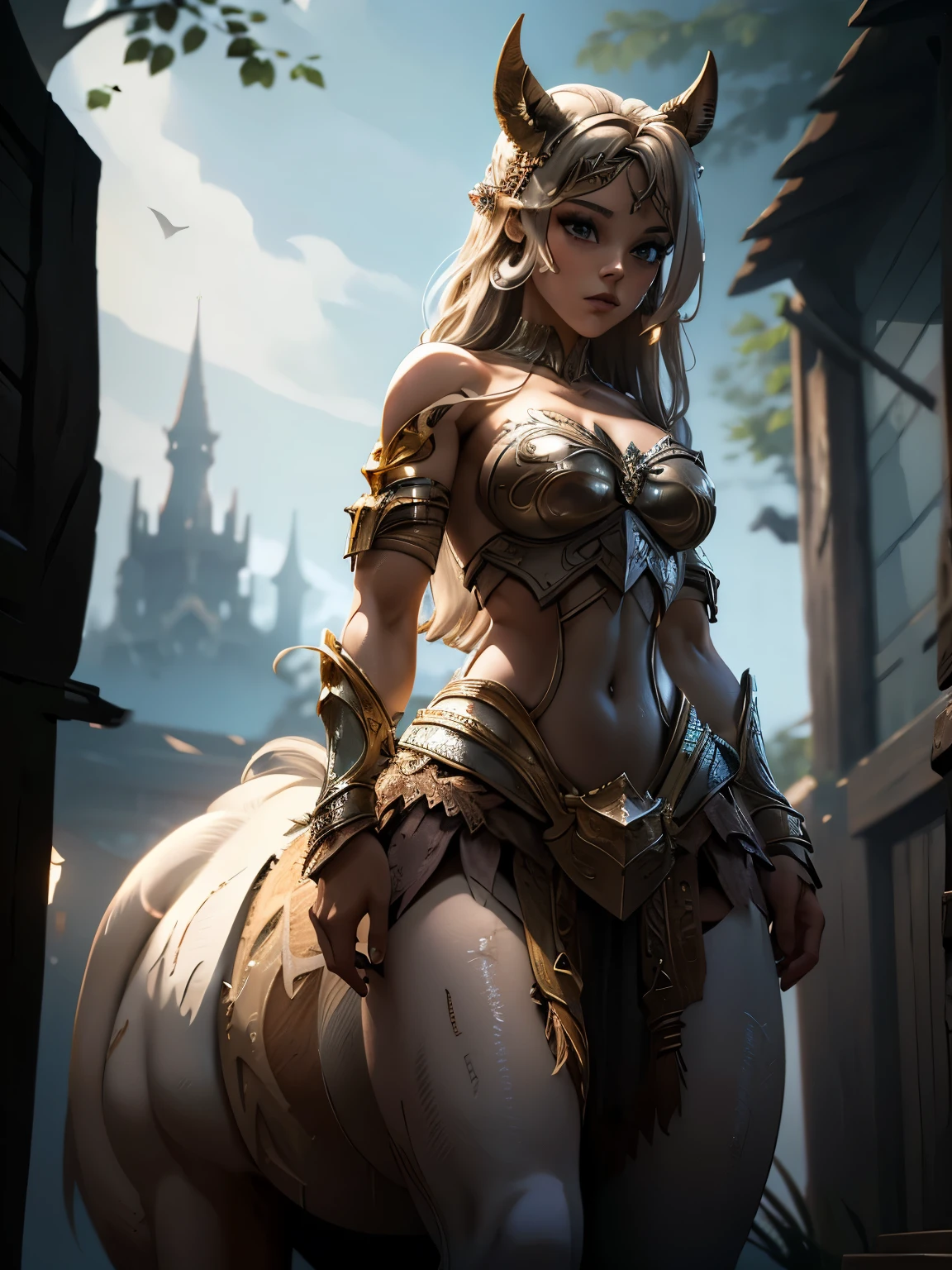  a nude half human female, half unicorn wearing elaborate horse armour, she has a massive  horse cock 