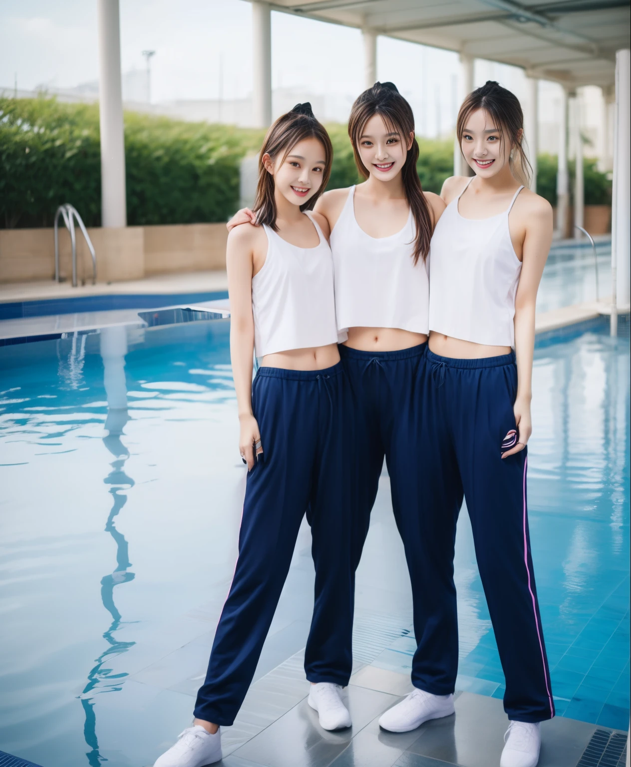 3 girls in the swimming pool, black underwear,Navy Long Trackpant,Sweatpants, Sweatpantsขายาว,25 year old girl, lesbian, sexy, exercise clothes, wet body