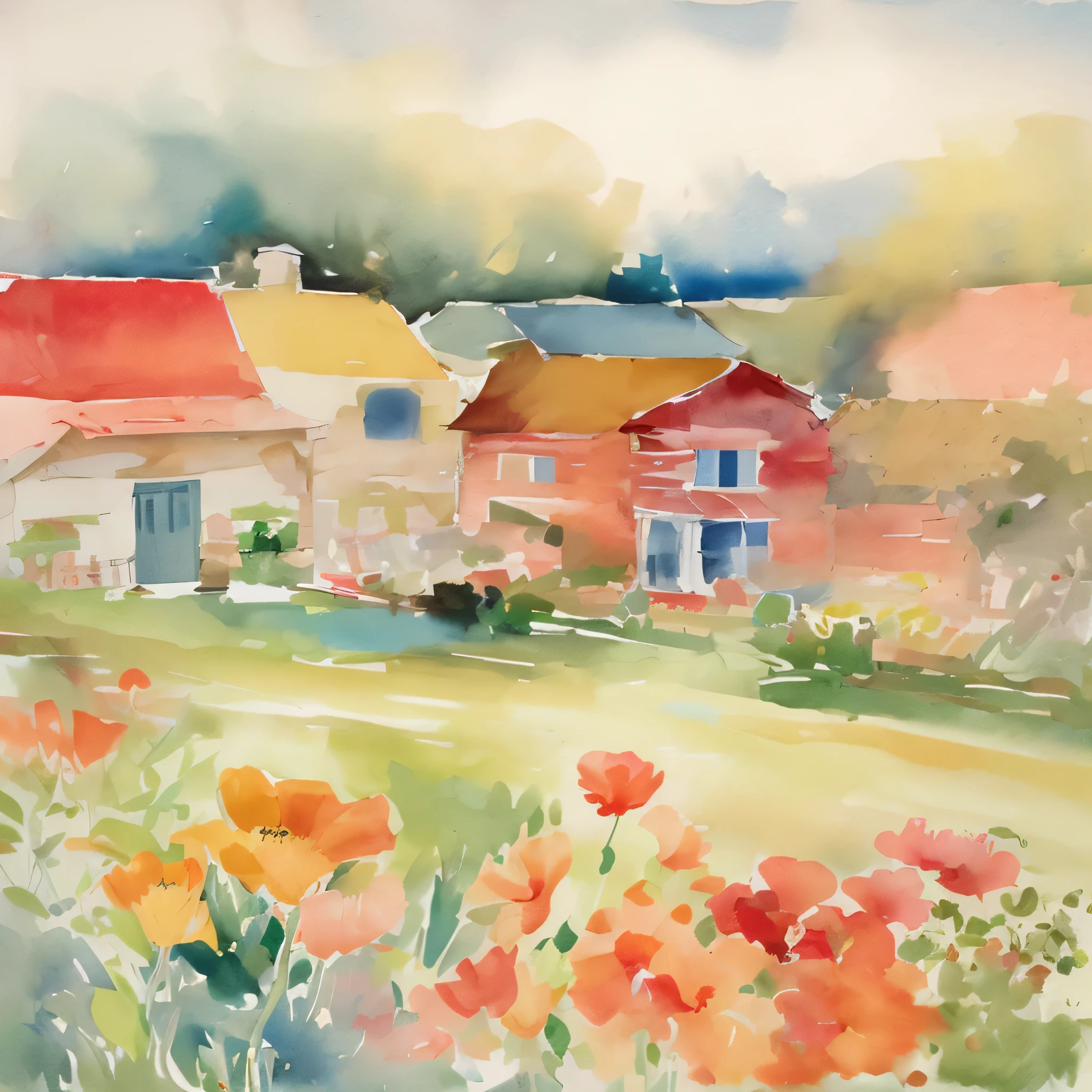 Brush strokes shaped like parts of houses and flowers on the farm