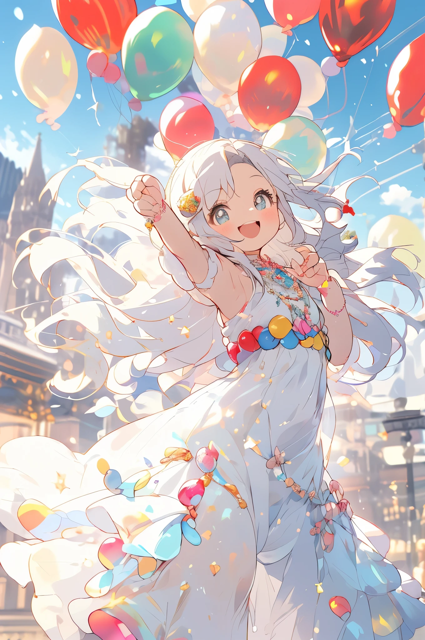 perfect hands,precise fingers,London cityscape,lots of colorful balloons,festive balloons,Banzai Pose,perfect hands,precise fingers,girl with hands spread upwards ,A big smile,delicate makeup,Diamond Accessories,Hair flowing in the wind,white dress,Sparkling