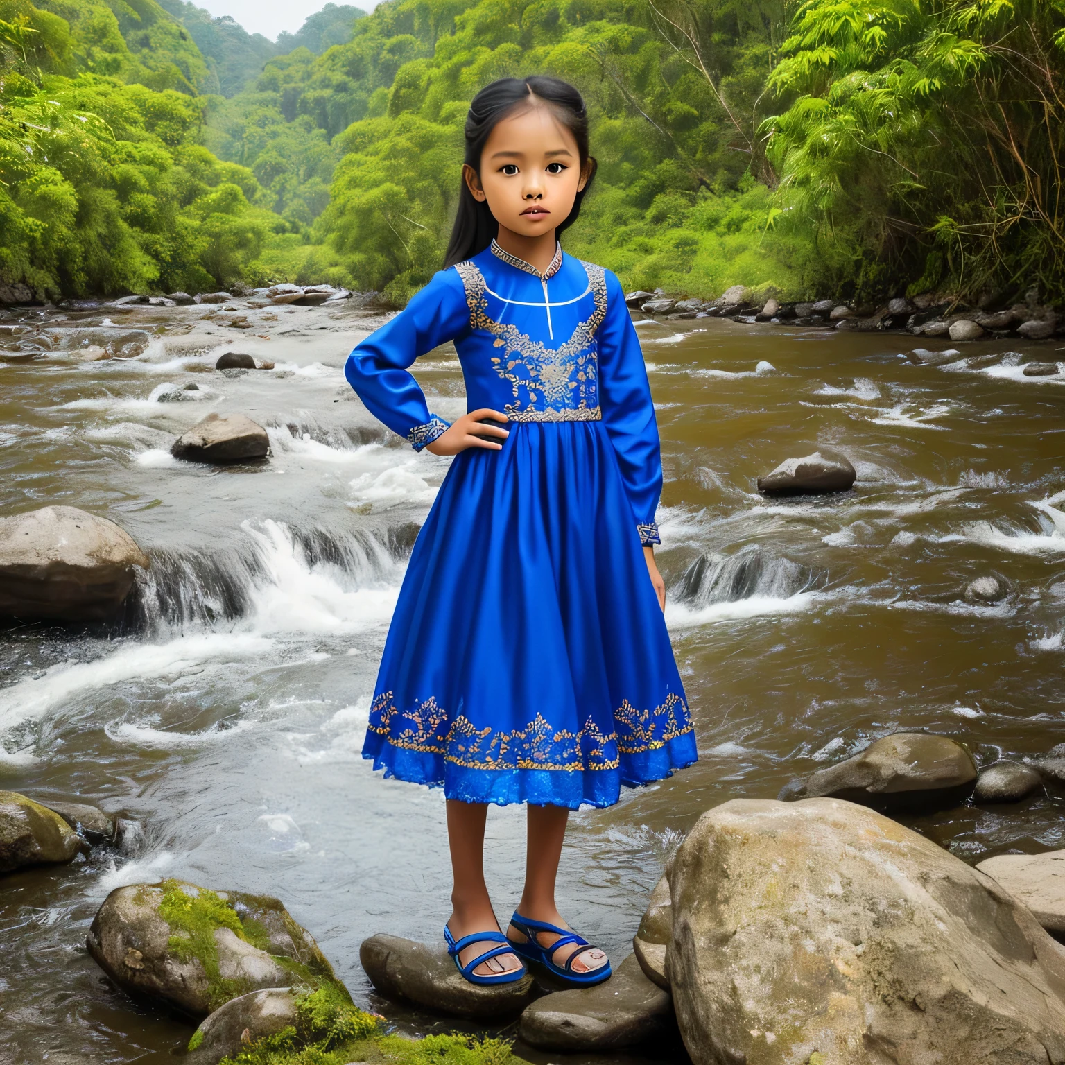masterpiece, 8k, high detailed face, good picture, high quality image of mary James as young Indonesian beautiful girl of 5 y.o standing beside a river wearing blue long sleeve gown
