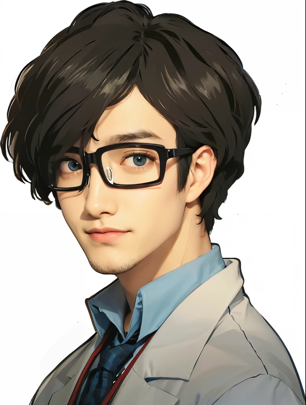 Glasses,white clothes,blue check tie,eyes are black,Divided into 73,light blue shirt,a little on the chin々stubble,black hair,photograph,8K,highest quality,best details