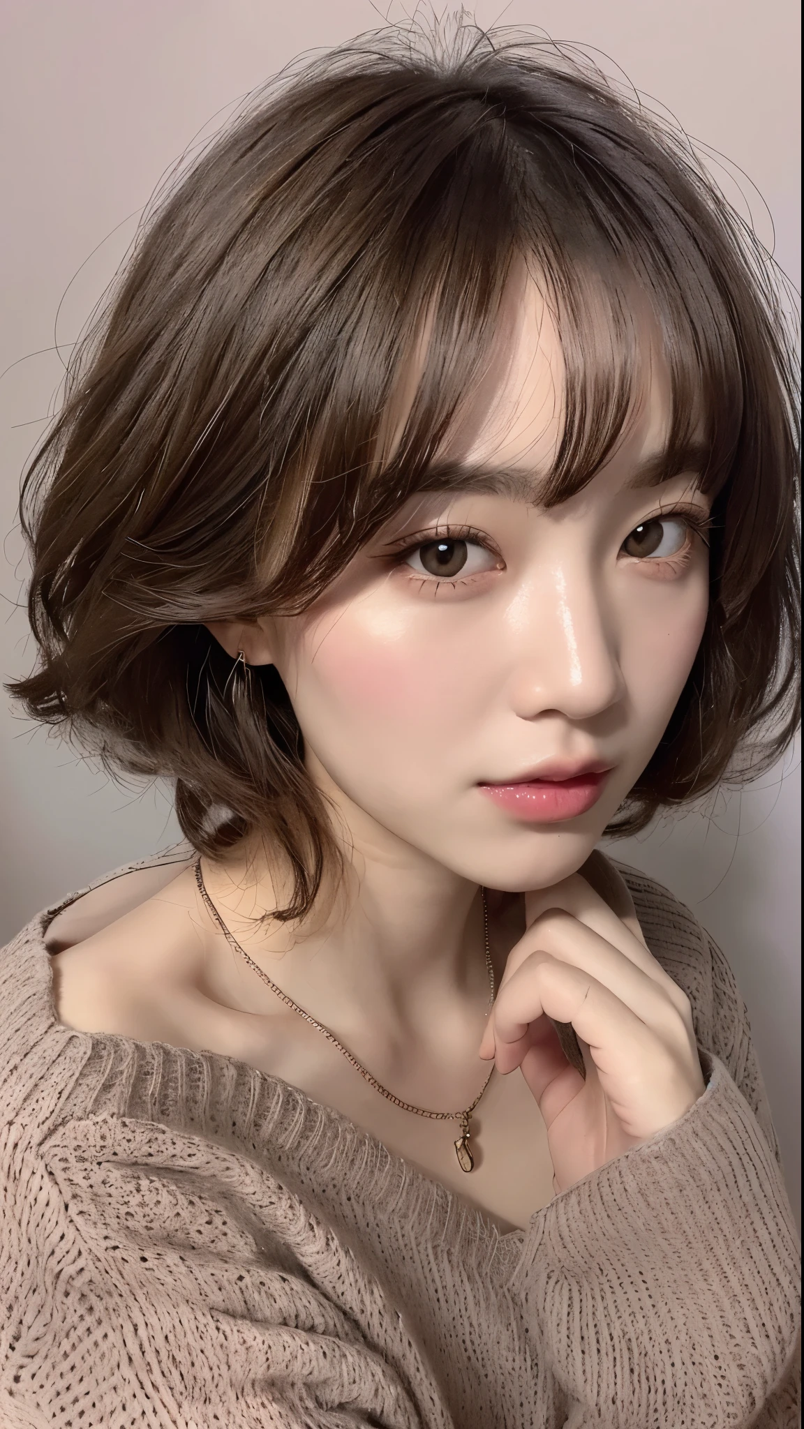 (best quality、8k、32k、Master pie、ultra high definition:1.2)、Cute Japanese woman pictures、A large breast、Very short Bob hair、Upper body、facial focus、extra large_sweater、neckless、simple background、view from above、looking at the audience、a sexy