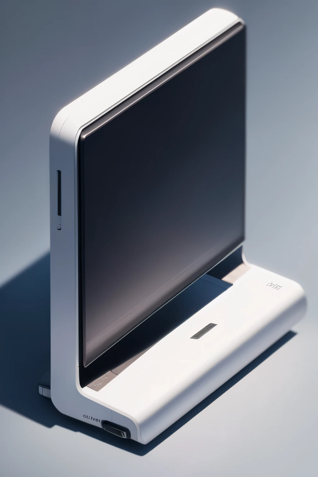 There is an ultra-thin display screen on the desktop, a retro product design style with a sense of technology and ultra-fine photos,Fine material details,Simple light and shadow