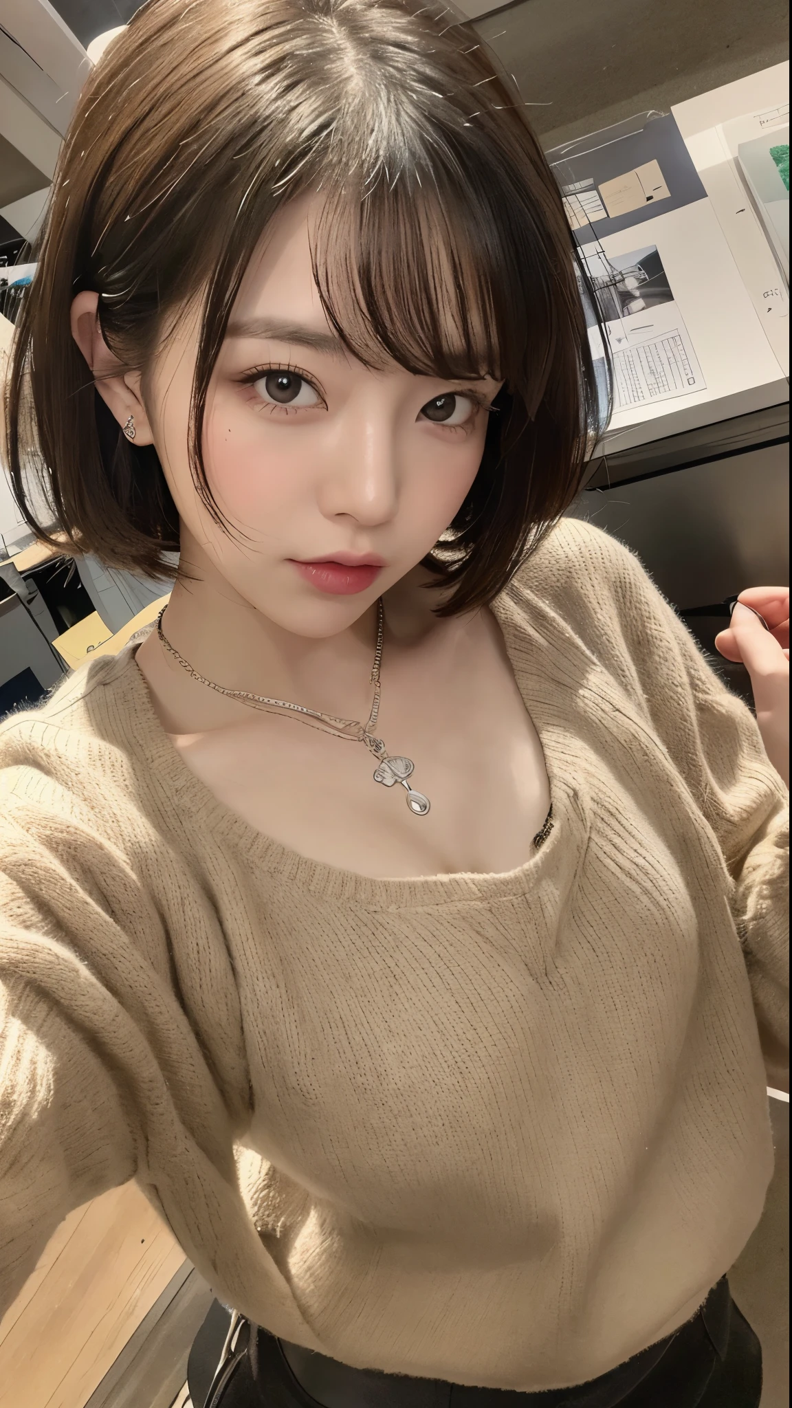 (best quality、8k、32k、Master pie、ultra high definition:1.2)、Cute Japanese woman pictures、A large breast、Very short Bob hair、Upper body、facial focus、extra large_sweater、neckless、simple background、view from above、looking at the audience、a sexy
