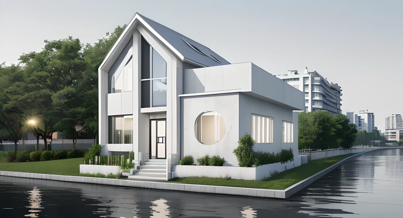 Professional photos of modern house buildings , clean white concrete & Next to the river, next to the road in front of the building., hills and trees background