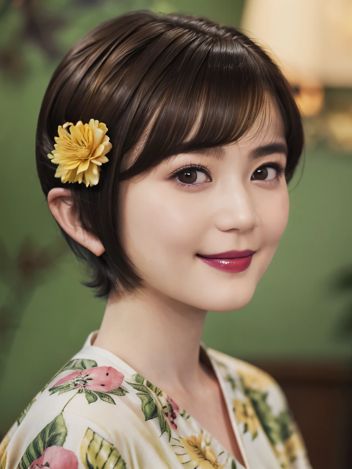 151
(20 year old woman,Floral clothing), (Super realistic), (high resolution), ((beautiful hairstyle 46)), ((short hair:1.46)), (gentle smile), (brest:1.1), (lipstick)
