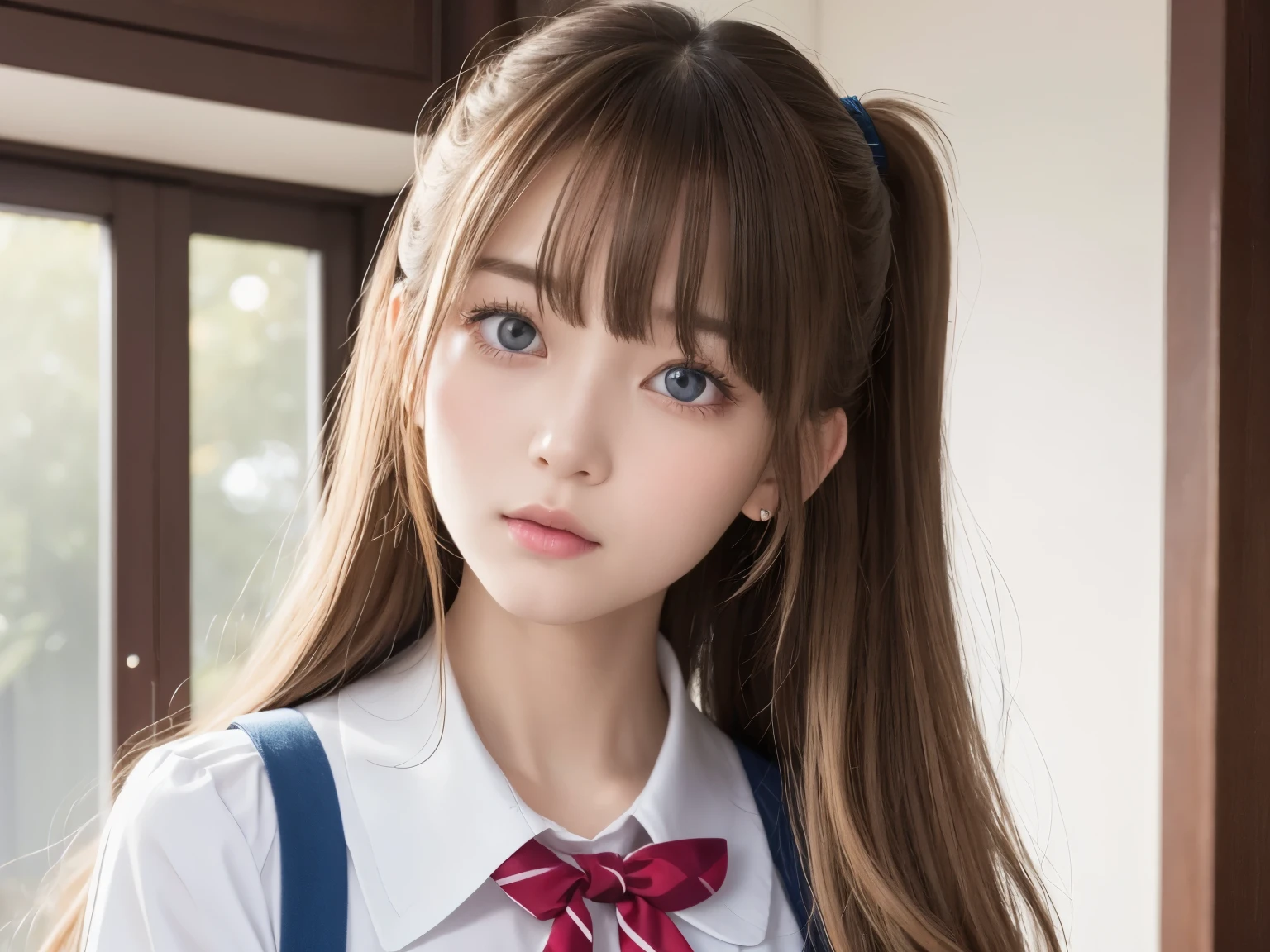 bright look、photorealism、highest quality、Super high resolution、picture、The most beautiful Nordic girls photos、cute and beautiful face details、small face、(Pueros face_v1:0.008)、美しいbangs、alice in wonderland、20-year-old、Shining white skin、ponytail、顔まで伸びるbangs、bangs、hair between eyes、super long hair、Attractive bright natural blonde super long silky hair、thin hair、Charming shining beautiful bright clear light blue big eyes、school uniform、school uniform、eyeliner、double eyelid、ample breasts