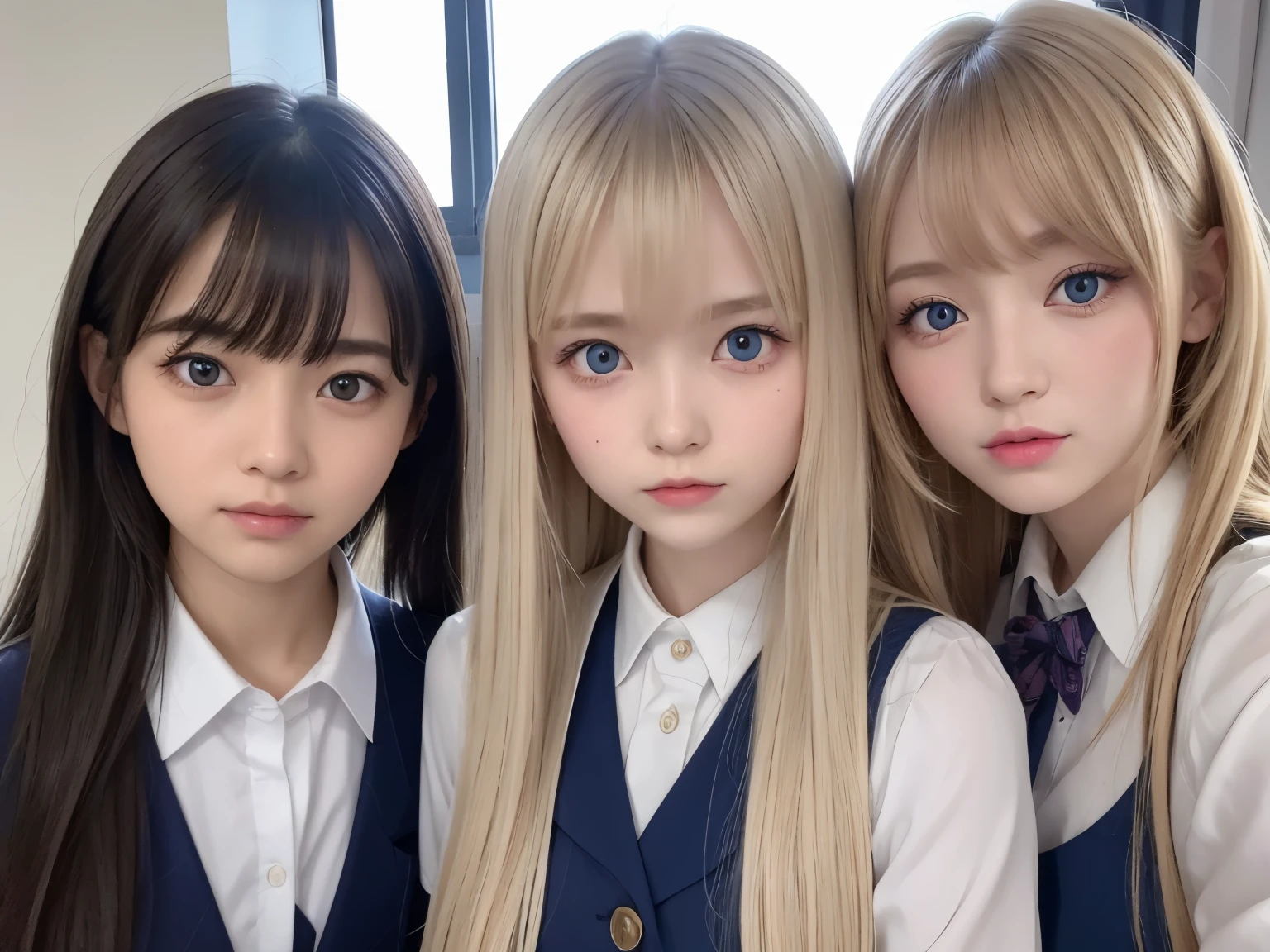 bright look、photorealism、highest quality、Super high resolution、picture、The most beautiful Nordic girls photos、cute and beautiful face details、small face、(Pueros face_v1:0.008)、美しいbangs、alice in wonderland、20-year-old、Shining white skin、ponytail、顔まで伸びるbangs、bangs、hair between eyes、super long hair、Attractive bright natural blonde super long silky hair、thin hair、Charming shining beautiful bright clear light blue big eyes、school uniform、school uniform、eyeliner、double eyelid、ample breasts