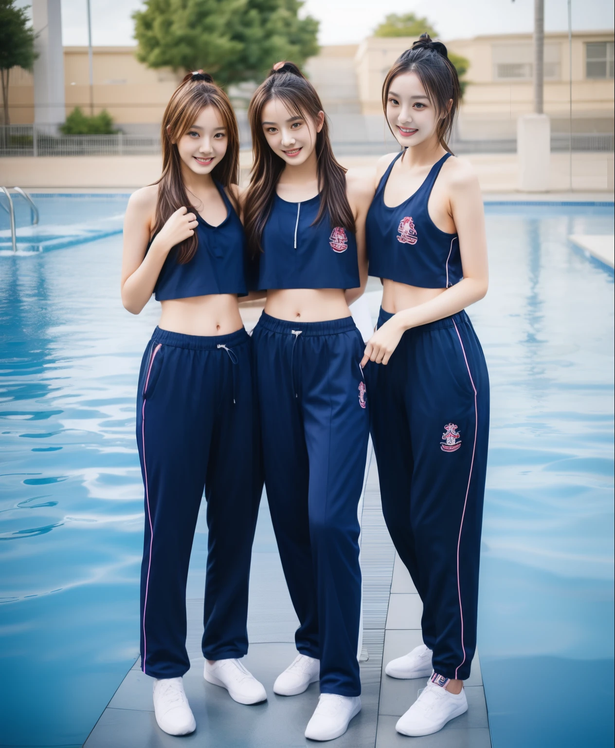 3 girls in the swimming pool, black underwear,Navy Long Trackpant,Sweatpants, Sweatpantsขายาว,25 year old girl, lesbian, sexy, exercise clothes, wet body