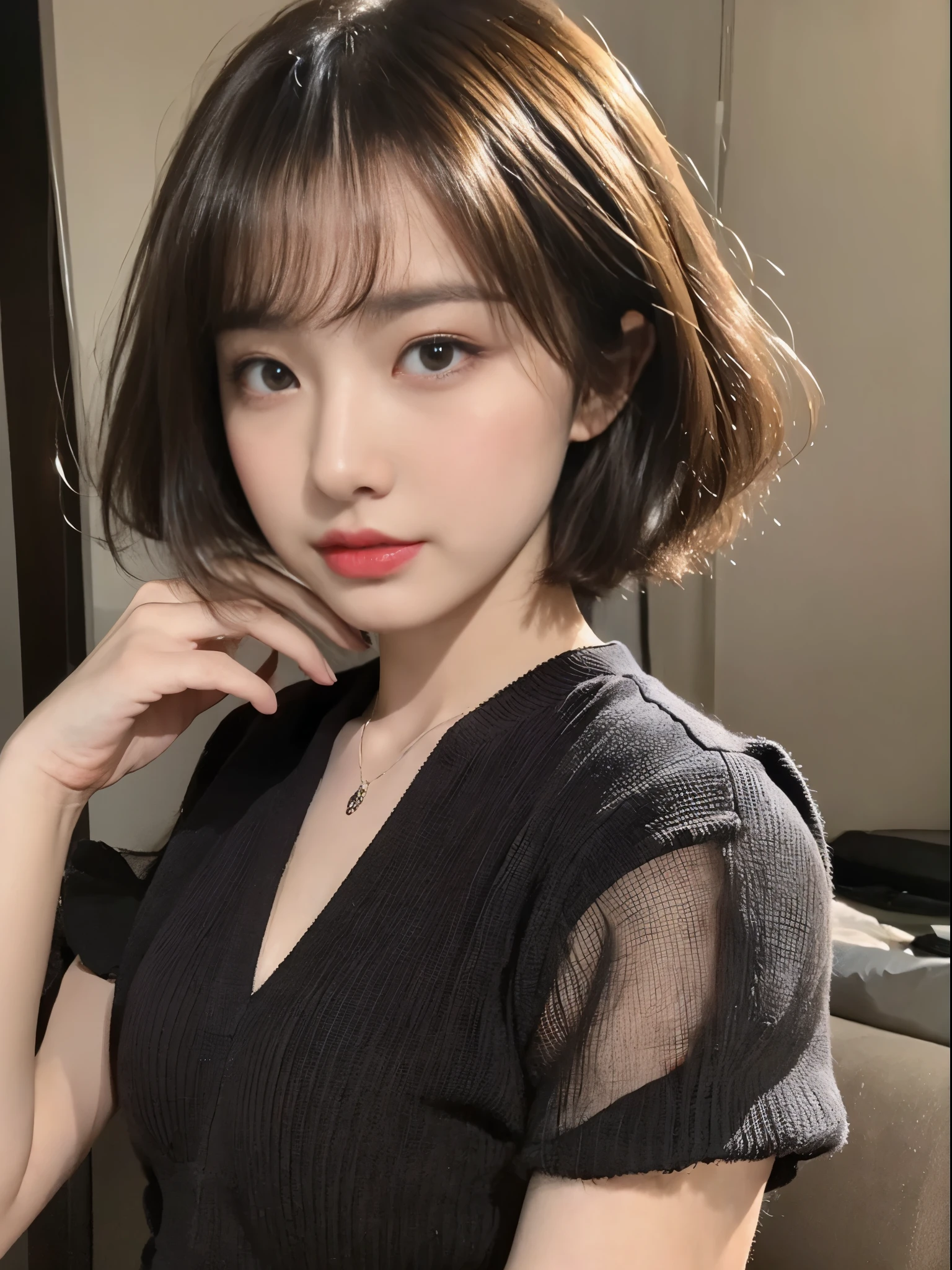 ((top quality、8k、​Masterpiece:1.3))、beautiful woman、1 girl in、(cute little)、slim abs:1.1、(Random color dress)、((short hair))、Super detailed face、very delicate lips、delicate eyes、double eyelids、(Well-groomed bangs.1.3)、dark brown hair、big eyes、seductive lips、The corners of the mouth are raised、black eyes、(soiree)、Cute Asian Face, The face of a beautiful Japanese girl, 齐刘海short hair, Baiji haircut hairstyle、slender eyes、