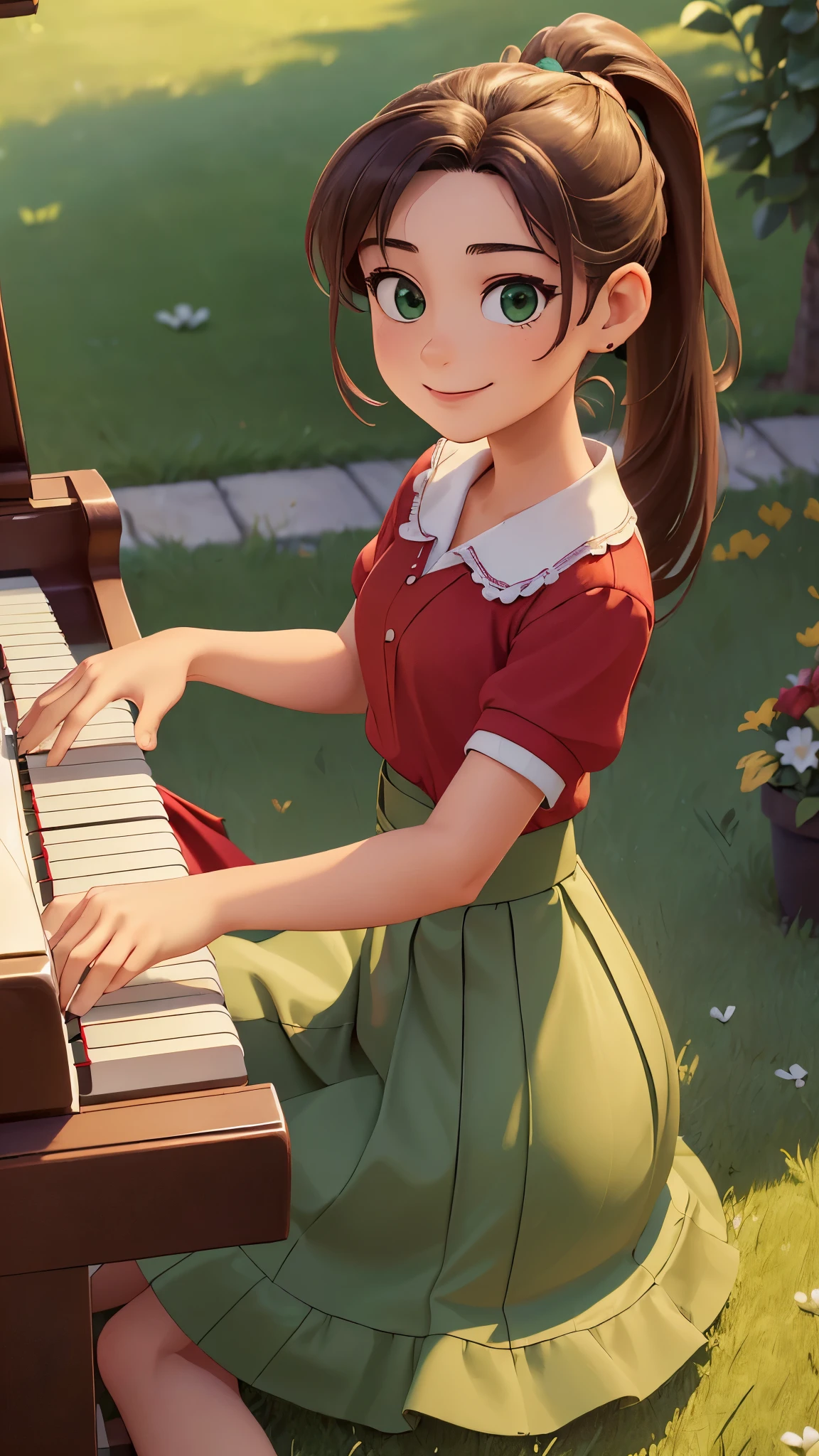 (A :1.3),(masterpiece, best quality:1.4), (beautiful, aesthetic, perfect, Beautifully, complex:1.2),((best quality)), ((masterpiece)), (detailed),(high resolution:1.2), On green grass, A fourteen-year-old shop girl with a ponytail sitting in front of the piano, Smiling and playing the piano, Red shirt, white skirt,perspective,