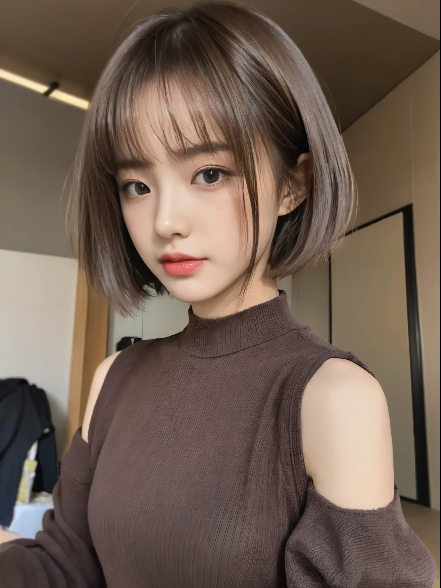 ((top quality、8k、​Masterpiece:1.3))、beautiful woman、1 girl in、(cute little)、slim abs:1.1、(Random color dress)、((short hair))、Super detailed face、very delicate lips、delicate eyes、double eyelids、(Well-groomed bangs.1.3)、dark brown hair、big eyes、seductive lips、The corners of the mouth are raised、black eyes、(soiree)、Cute Asian Face, The face of a beautiful Japanese girl, 齐刘海short hair, Baiji haircut hairstyle、slender eyes、