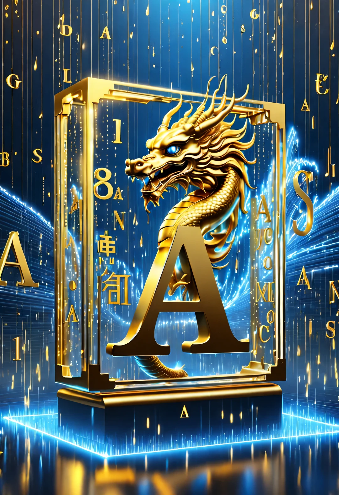 blueprint art style, light painting style, retro-futurism,video installation style,
Beautiful detailed,Gorgeous poster design,
(It's raining like crazy,There are lots and lots of golden letters:1.37),Gold threads and AI gold coins are pouring down like heavy rain,(many transparent english letters &Quote;AI&Quote; Width),golden english letters &Quote;AI&Quote; ,Display English letters &Quote;AI&Quote; under parallel ,There is a golden Chinese dragon in the center,Smiling happily and flying into space,Background blue technology laser,Dynamic action style,