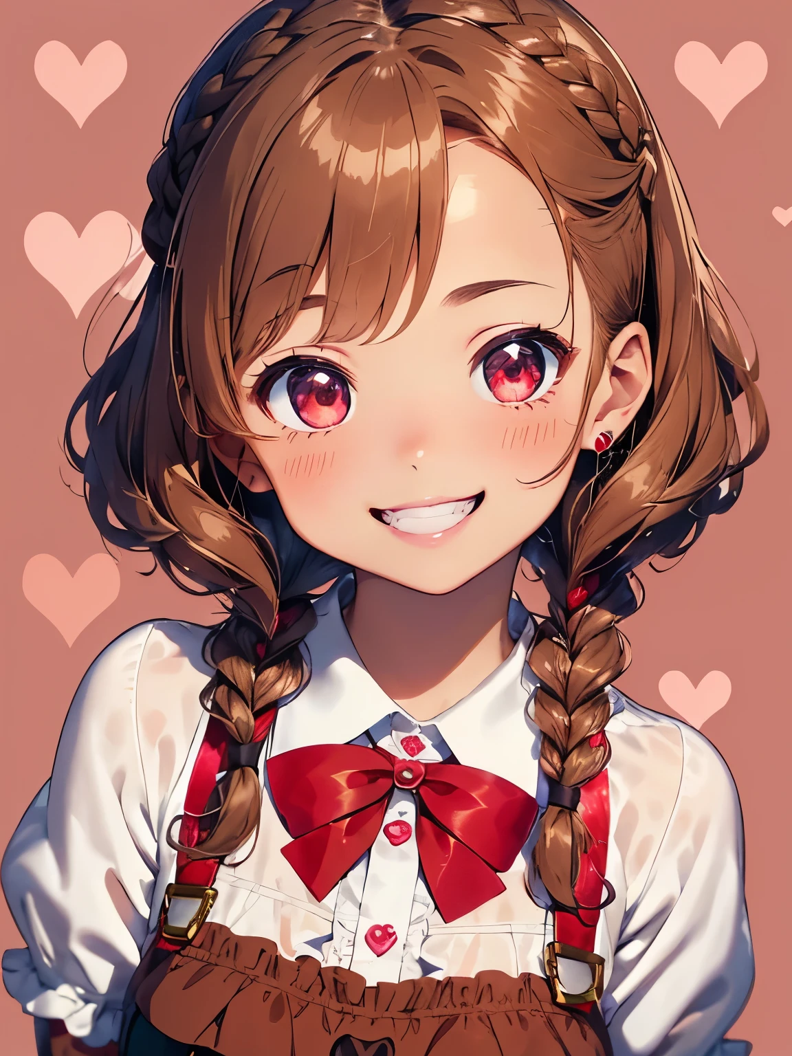 (light brown hair:1.2),(short hair with curls:1.3),(braided hair:1.45),(big ribbon:1.3),(Strawberry-colored clothes that look like they are coated with chocolate:1.4),(eye size:1.5),(heart-shaped chocolate accessories:1.3),((Feminine fashion:1.4)),(lovely and fancy background:1.5),(Slightly blush),(About :1.3),((focus on face:1.5)),break//((The overall atmosphere is like a lovely chocolate world.)),((Lively candy soldiers:1.5)),((big smile:1.2)),