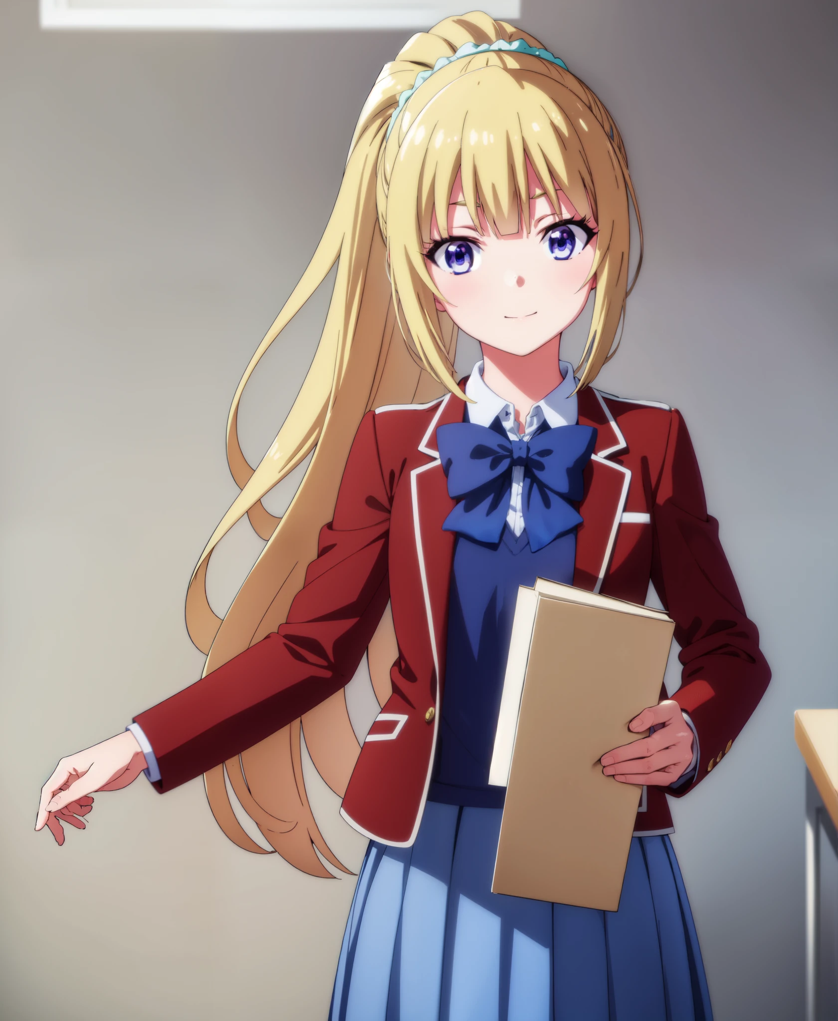 keikaruizawa, kei karuizawa, long hair, bangs, blunt bangs, (purple eyes:1.1), blonde hair, shirt, hair ornament, ponytail, scrunchie, blue scrunchie, smile,
BREAK skirt, shirt, bow, school uniform, jacket, (red jacket:1.2), pleated skirt, bowtie, sweater, (blue bow:1.2), (blue shirt:1.2),
BREAK indoors, classroom,
BREAK looking at viewer, (cowboy shot:1.5),
BREAK (masterpiece:1.2), best quality, high resolution, unity 8k wallpaper, (illustration:0.8), (beautiful detailed eyes:1.6), extremely detailed face, perfect lighting, extremely detailed CG, (perfect hands, perfect anatomy),,