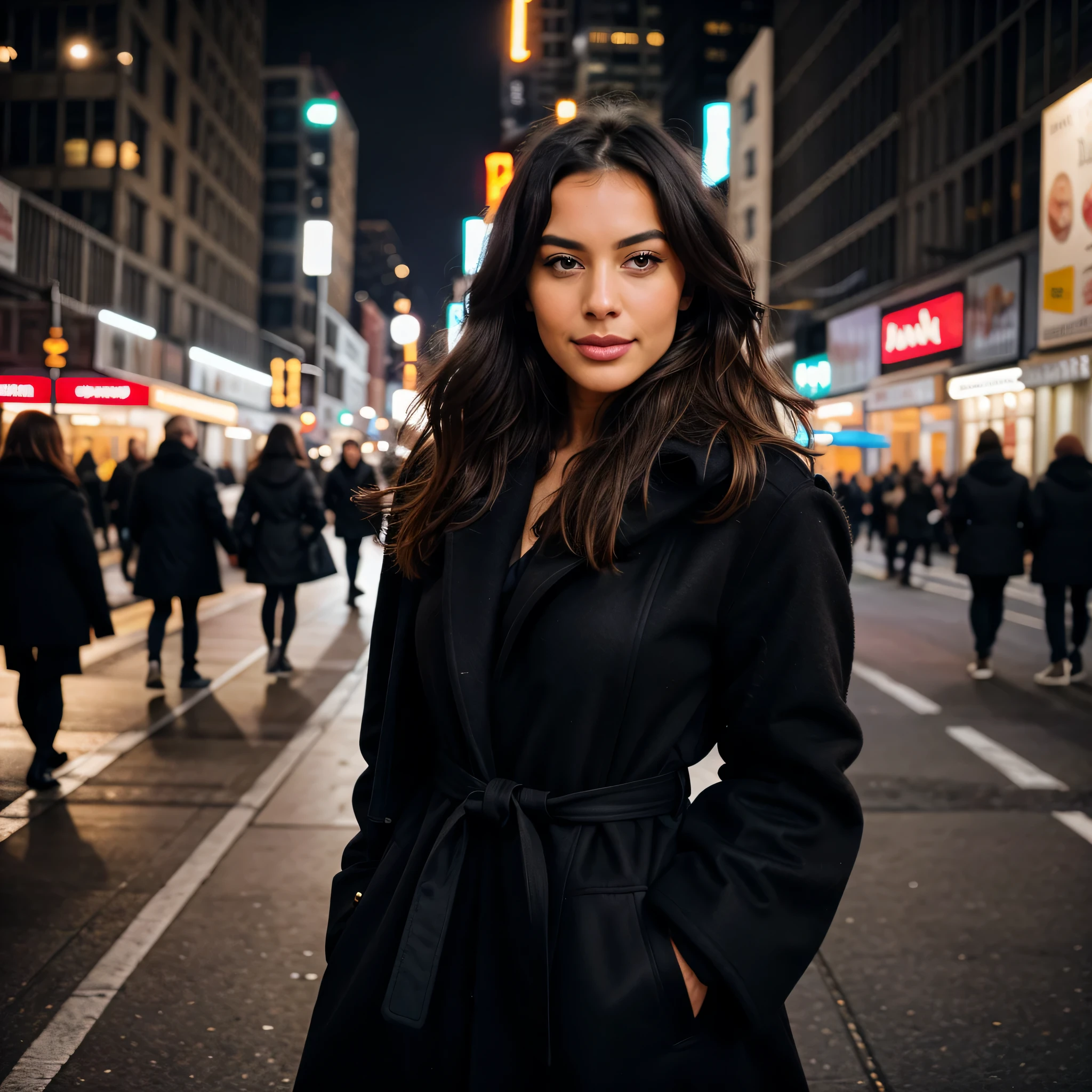 photorealistic, best quality, hyper detailed, beautiful woman, upper body, solo, wearing black, winter, coat, walking down the street in New York City, winter season, cold big city, real life (cheerful, happy). analog style, looking at the viewer, skin texture, film grain, close up, ultra high res, best shadow, RAW, instagram LUT