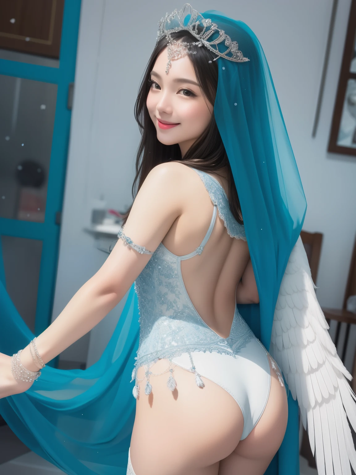 An angel sexy pose, feathers falling like snow, realistic face, angelic body, blue veils, happy eyes, smiling, low density, 10 sharpen, back view, more exposed body
Location: Fantasy land