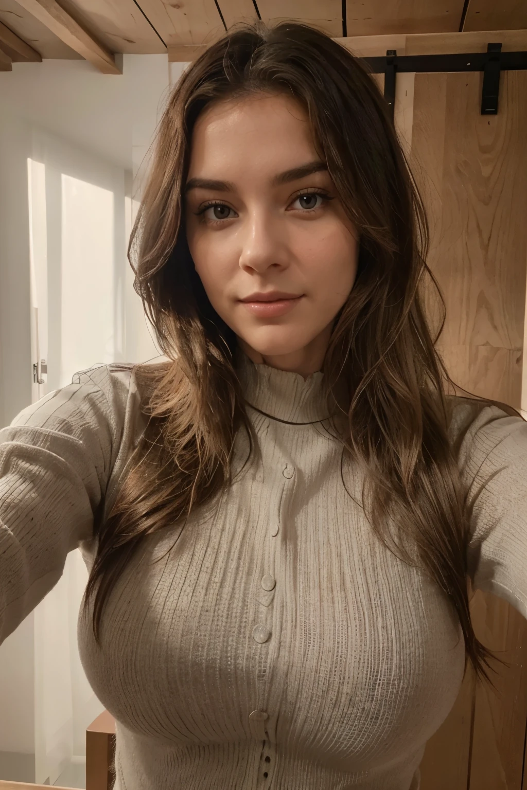 takes a selfie of herself and covers her breasts, the breasts cannot be seen. Photorealistic, realistisch, Nachbearbeitung, maximale Details, Rauheit, wahres Leben, Ultrarealistisch, Fotorealism, Fotography, 8K UHD, Fotography Sehr detailiert, Unschuldiges Gesicht, Face length 1.3-fache Gesichtsbreite, almond shaped eyes, quadratische Gesichtsform, hohe Wangenknochen, naturally wavy hairMeisterwerk, best quality, Komplizierte Details, Sehr detailiert, scharfer Fokus, detaillierte Haut,