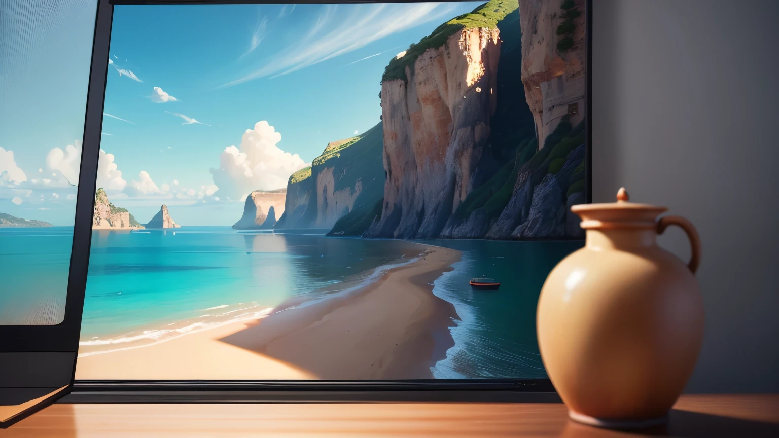 The left side of the screen is the sea,The right side is pure scenery,Characters are not displayed+1.5, Quiet and idyllic,High definition details、Super detailed and polished presentation,soft background light,Deep focus and bokeh effects,Ray tracing and surrealist art style,looking down,