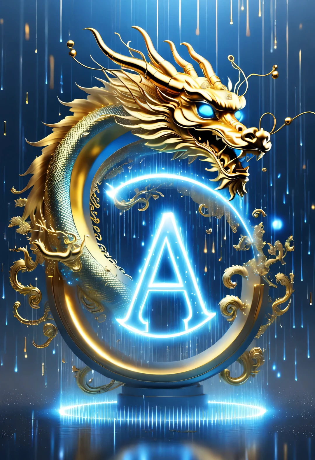 blueprint art style, light painting style, retro-futurism,video installation style, Beautiful detailed,Gorgeous poster design, (It's raining like crazy,There are lots and lots of golden letters:1.37),Gold threads and AI gold coins are pouring down like heavy rain,(many transparent english letters &Quote;AI&Quote; Width),golden english letters &Quote;AI&Quote; ,Display English letters &Quote;AI&Quote; under parallel ,There is a golden Chinese dragon in the center,Smiling happily and flying into space,background city blue technology laser,Dynamic action style,