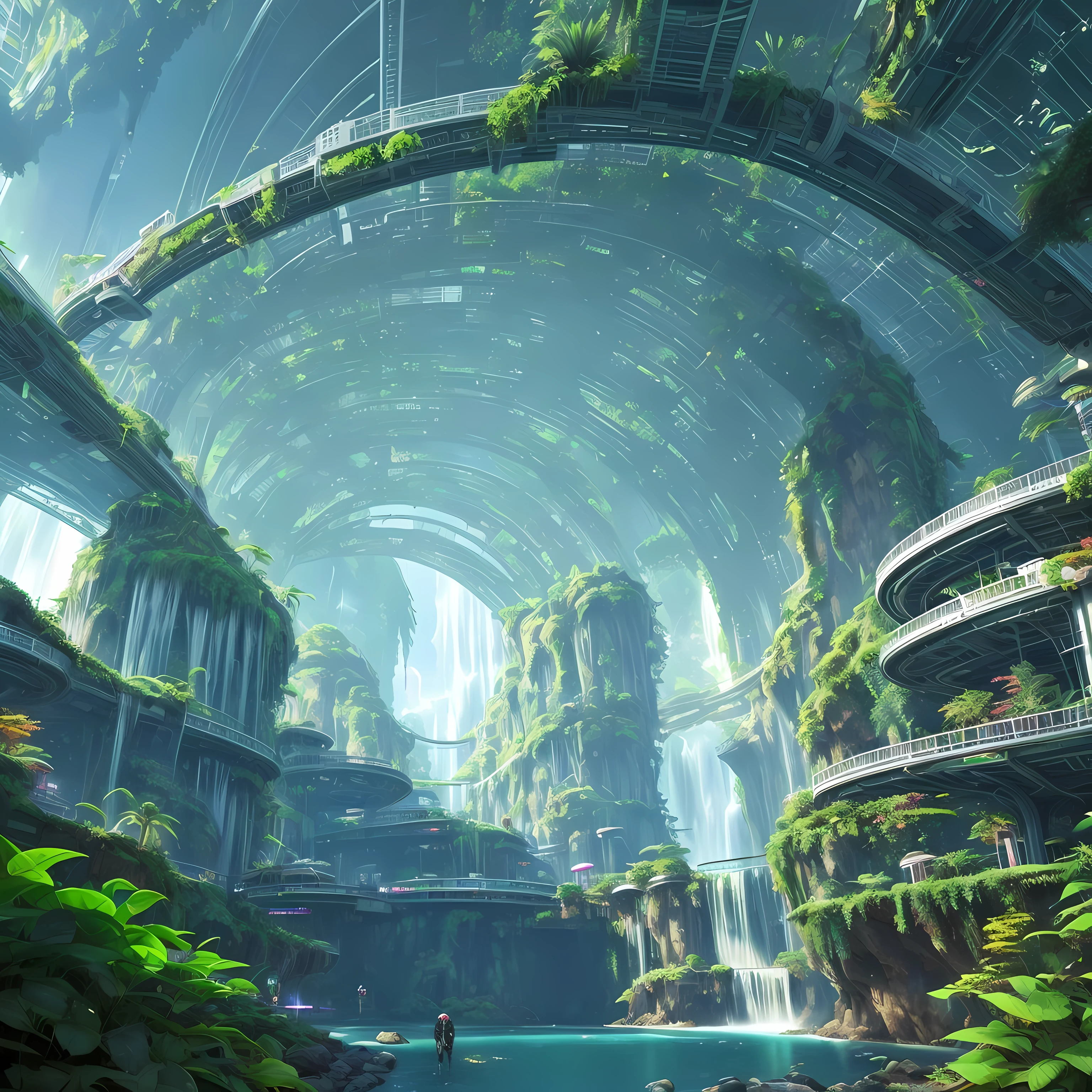 There is a very long tunnel with a waterfall.., Lush Foliage Cyberpunk, Well Manicured Solarpunk Greenery, 4K Solarpunk Wallpaper, Future-oriented environment, Utopian jungle in space, valley of the future, Solarpunk Future Utopia, Futuristic landscapes, Into the alien jungle, Lush alien landscape, Astation and beeple very, Cyberpunk in the Leaves, futuristic and ethereal