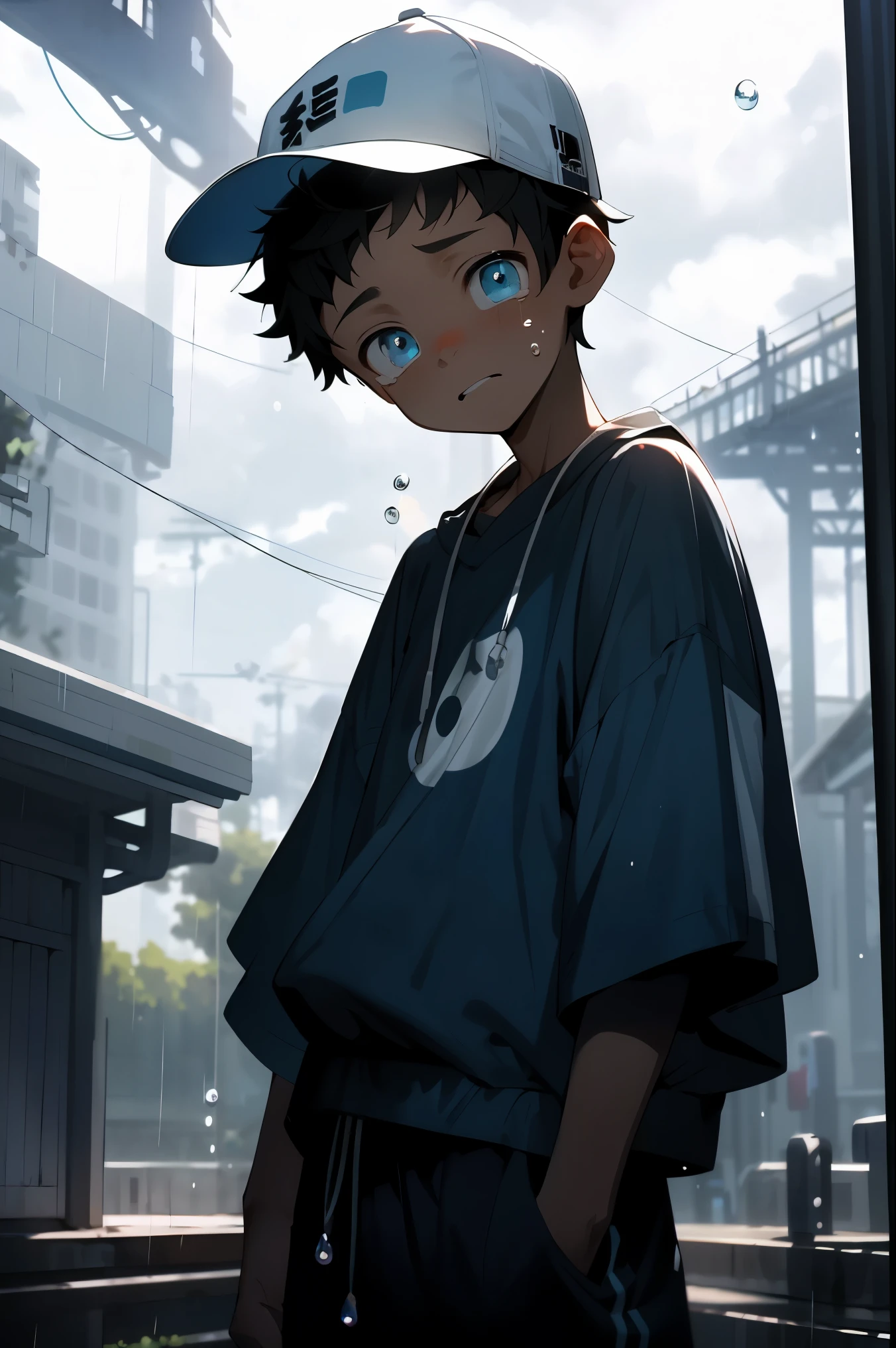 masterpiece, best quality, Eyes are bright, delicate eyes, male, baggy clothes, baseball cap, rain, (head tilt:1.3), high saturation, rich and colorful, Detailed background, perfect thing, shadow,cloudy day,Windows, dark blue theme, bubble,cry,shed tears,sad