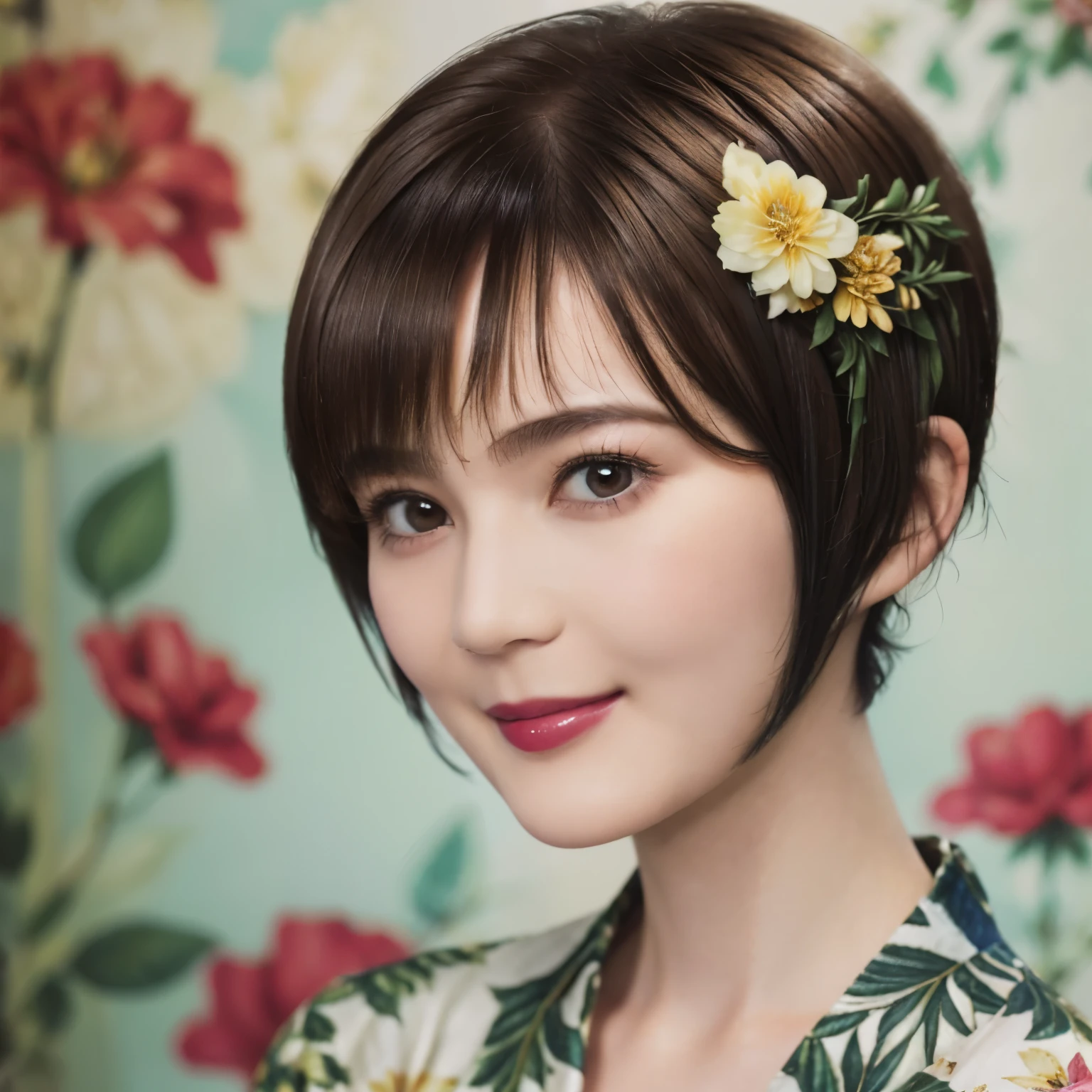 151
(20 year old woman,Floral clothing), (Super realistic), (high resolution), ((beautiful hairstyle 46)), ((short hair:1.46)), (gentle smile), (brest:1.1), (lipstick)
