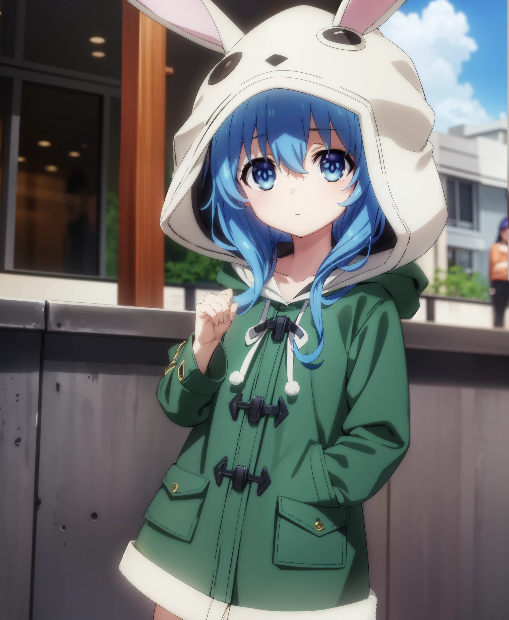 dalyoshino, yoshino astral dress, long hair, blue eyes, ribbon, animal ears, hair between eyes, blue hair, hood, rabbit ears, coat, hood up, animal hood, rabbit hood, green coat,
BREAK ,
BREAK outdoors, city, sky, clouds, buildings, sun,
BREAK looking at viewer, (cowboy shot:1.5),
BREAK (masterpiece:1.2), best quality, high resolution, unity 8k wallpaper, (illustration:0.8), (beautiful detailed eyes:1.6), extremely detailed face, perfect lighting, extremely detailed CG, (perfect hands, perfect anatomy),,