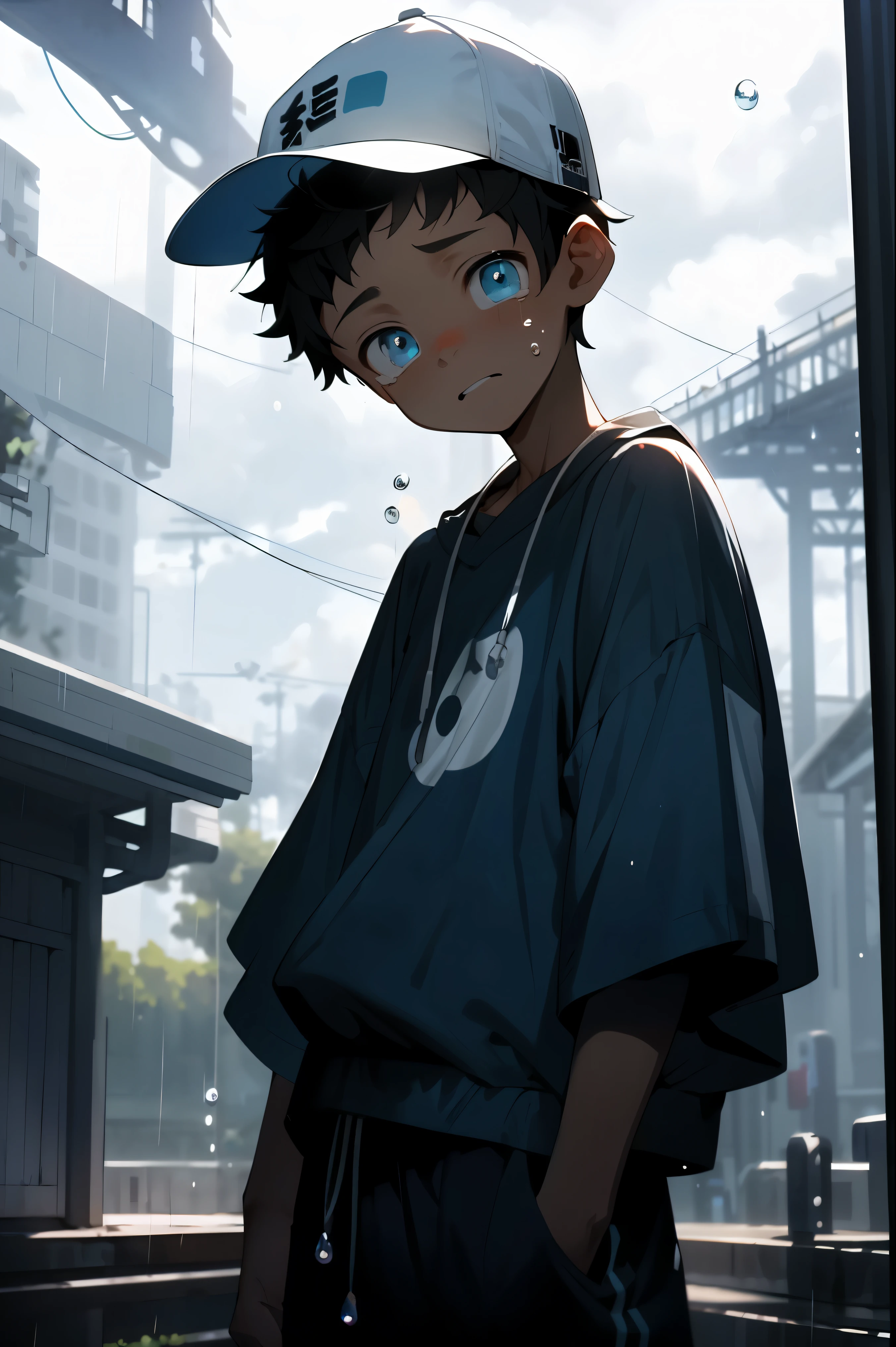 masterpiece, best quality, eyes are very bright, exquisite eyes, male, baggy clothes, baseball cap, rain, (head tilt:1.3), high saturation, colorful, Detailed background, perfect thing, shadow,cloudy day,Windows, dark blue theme, bubble,cry,burst into tears,sad