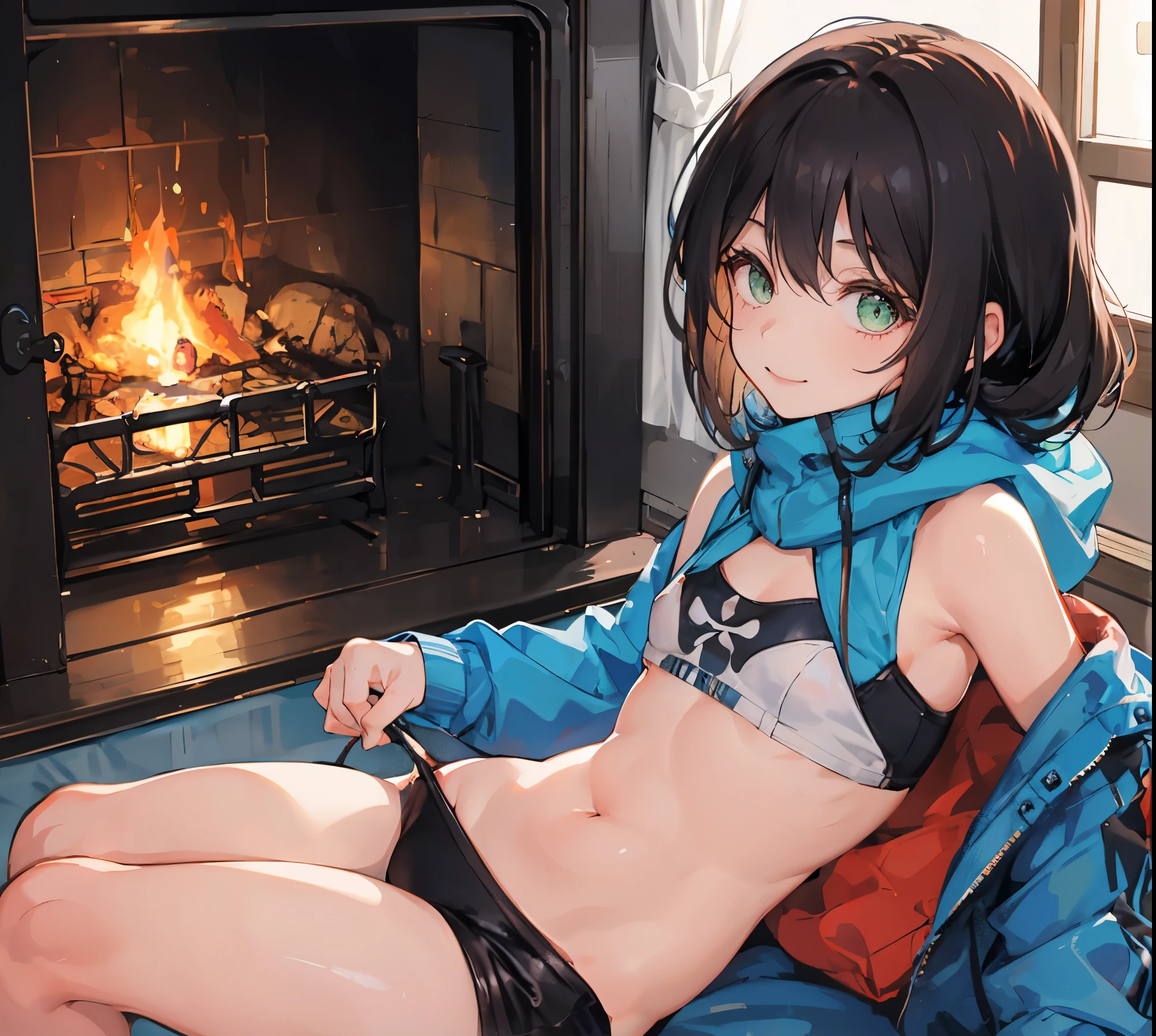 (highest quality, ),cute Kindergartener,small breasts, Winter household magazine cover,Jacket photo、hot style,Fireplace background, girls keeping warm,wonderful, 18+, NSFW,girls with arms behind their backs, 16 years old, wonderful, cute, smile, audience, article, shape, advertisement, magazine title, Lily \(Pokemon\), 暖炉のadvertisement, Are standing, cowboy shot, looking at the viewer, green eyes, smile, V arm,