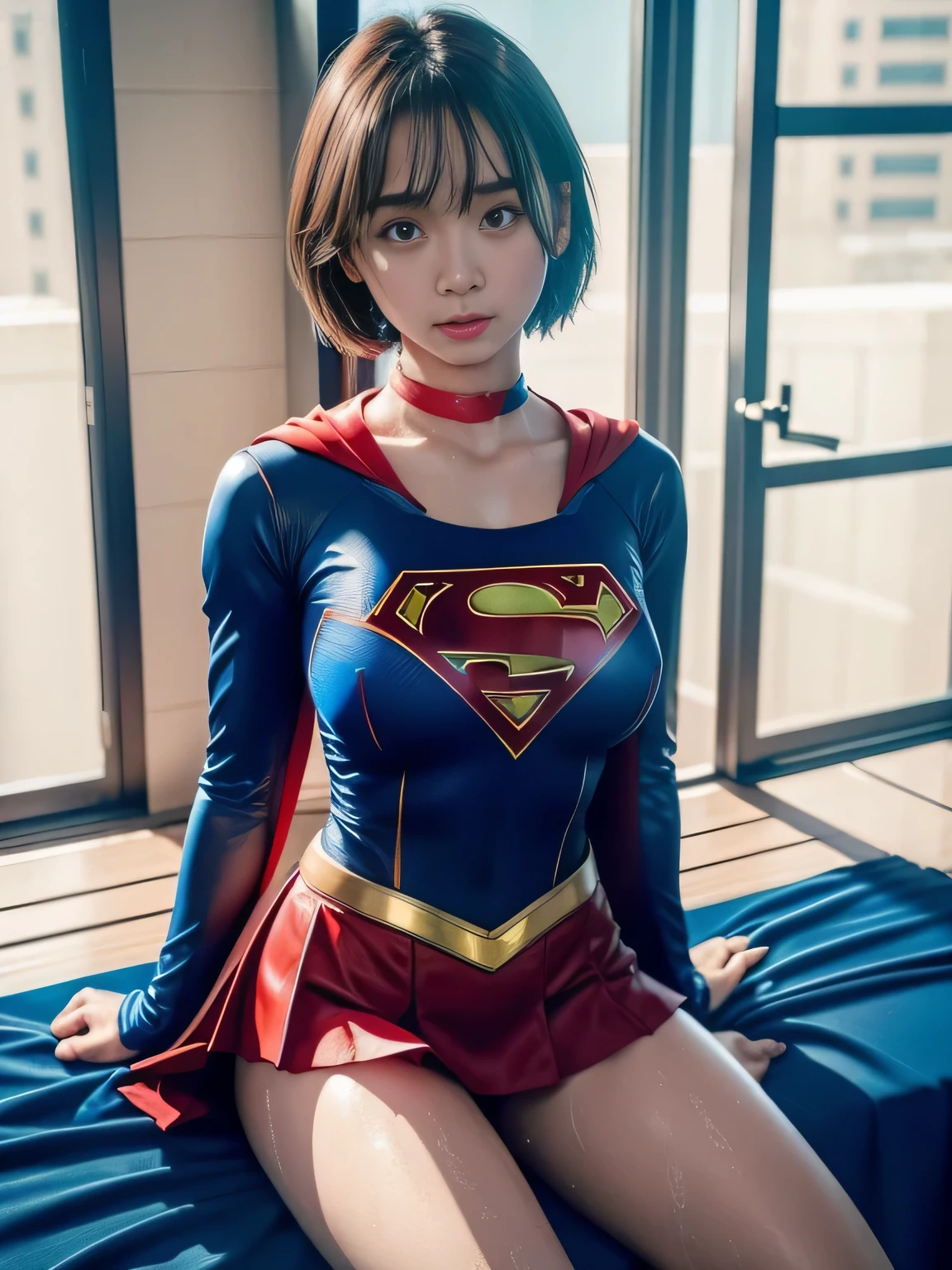 masterpiece、Supergirl costumes、short hair、Intensive care unit、operating table、barefoot、straddle、M-shaped legs、wide open legs、big and full breasts、red mini skirt、look at the camera、Sweat、Cowgirl、Sweatでいっぱい、発Sweat、Sweat scattering、Sweat wet、choker、long sleeve、Fluttering cloak、sexual immorality