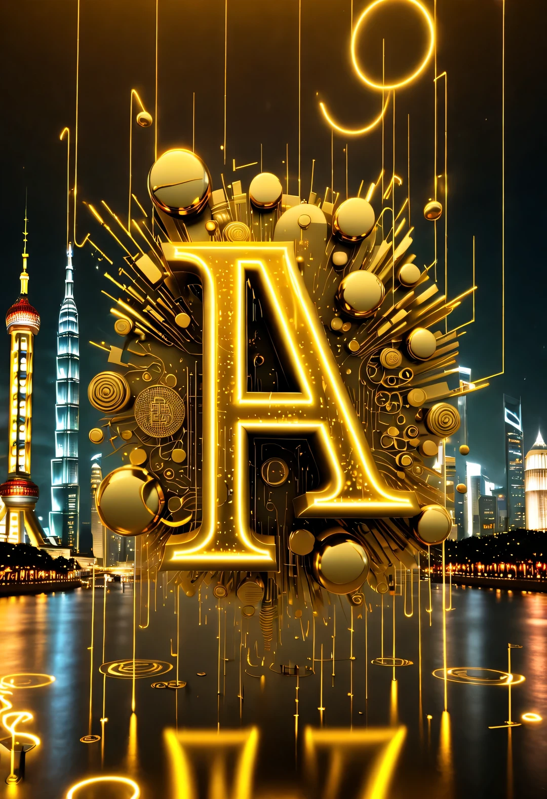 Aerial style, blueprint art style, light painting style, retro-futurism,video installation style,
Beautiful detailed,Gorgeous poster design,
(It's raining like crazy,There are lots and lots of golden letters:1.37),Gold threads and AI gold coins are pouring down like heavy rain,(many transparent english letters &Quote;AI&Quote; Width),golden english letters &Quote;AI&Quote; ,Display English letters &Quote;AI&Quote; under parallel ,There is a golden Chinese dragon in the center,Smiling happily and flying into space,background building neon technology laser light,Dynamic action style,